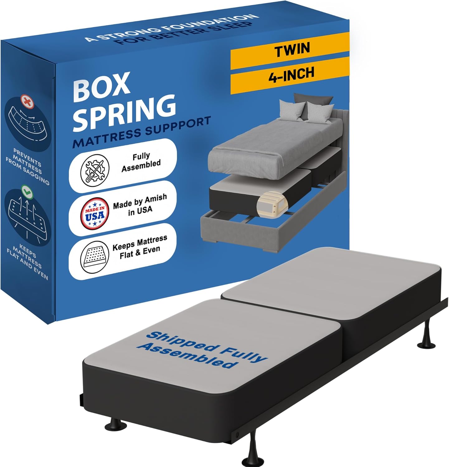 Greaton, Box Spring Bed Base Twin Size, 4-Inch Wood Mattress Foundation – Amish Made in USA – Quiet Noise Free, 2-Pieces Under Mattress-Support BoxSpring, Fully Assembled, Gray