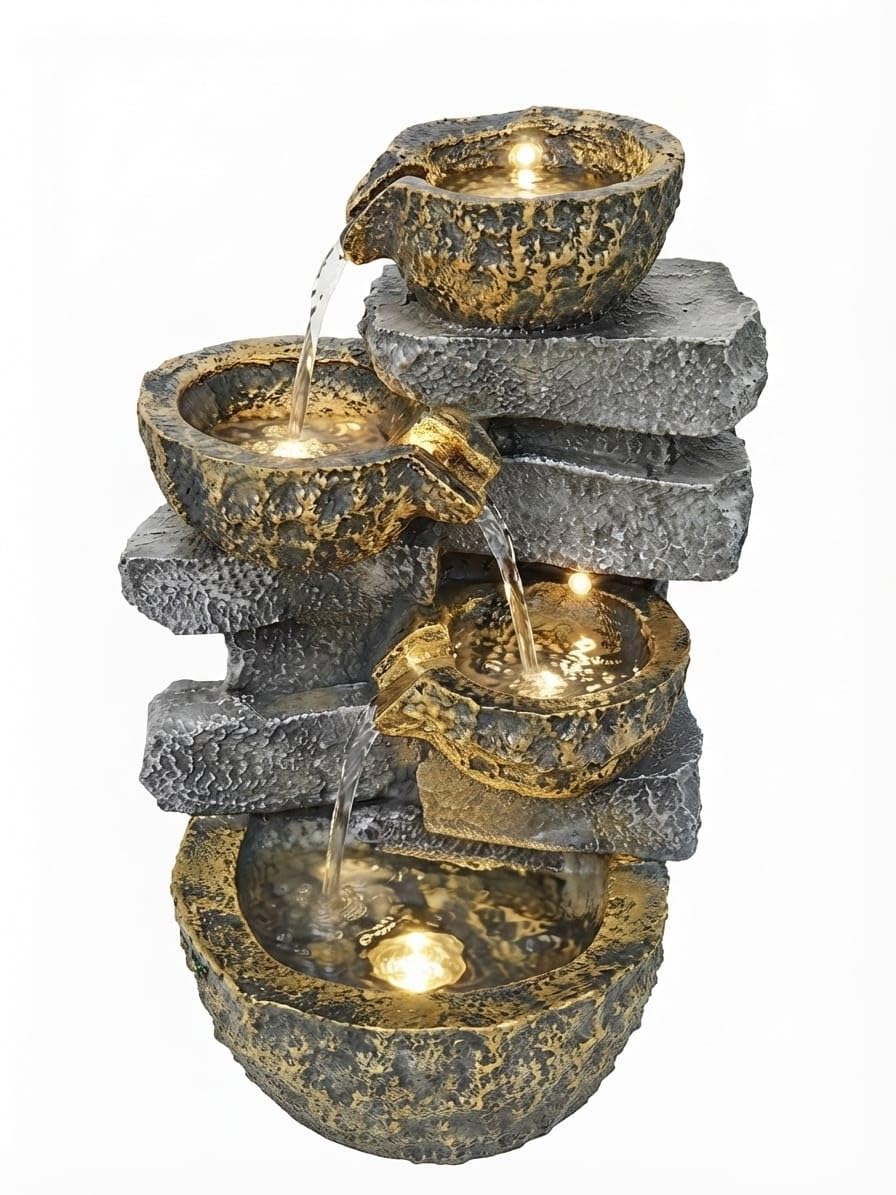 4-Tier Cascading Tabletop Water Fountain with Warm LED Lights & Natural Stone Finish-image-23