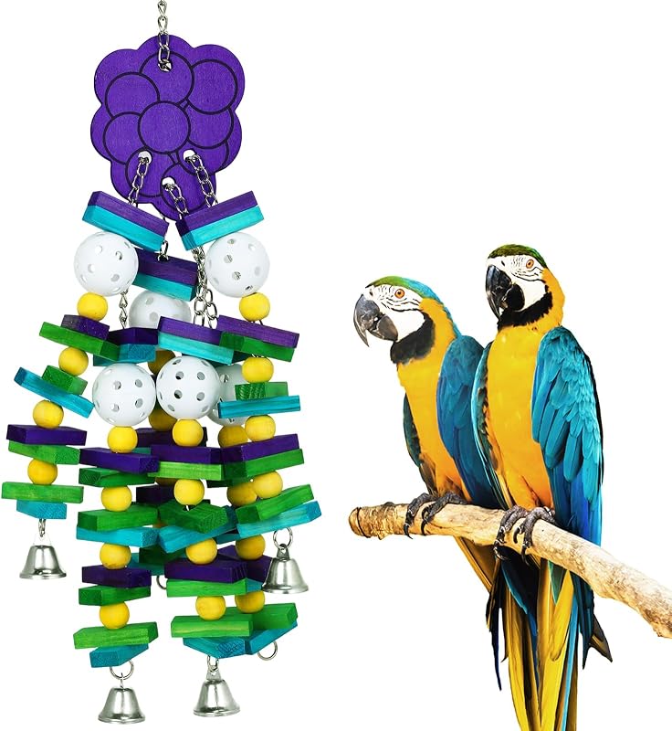 Brinquedo para Papagaios Grandes com Madeira, Blocos Coloridos e Sino MEWTOGO – 52,07 cm