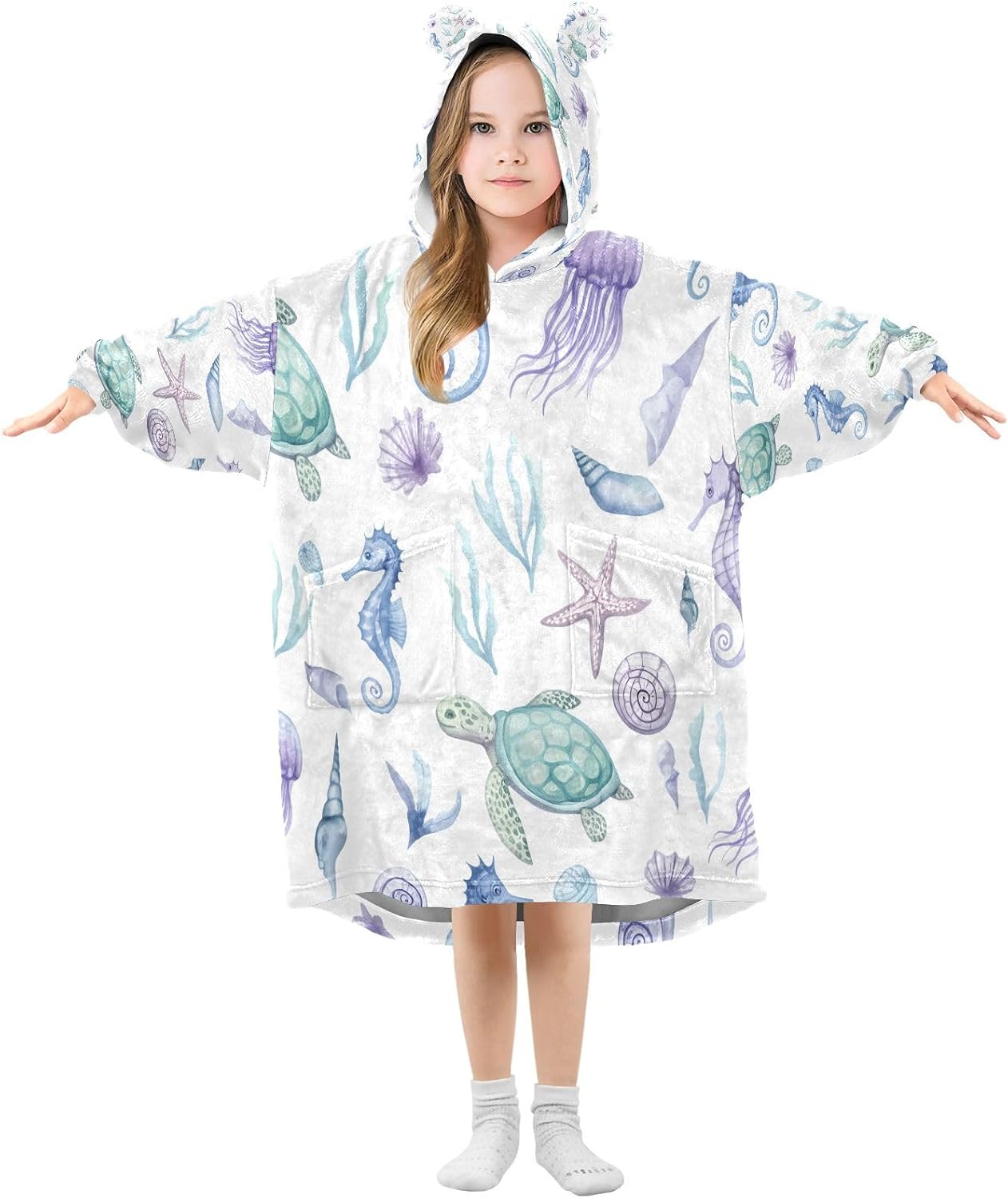 Kigai Marine Organisms Wearable Blanket Hoodie for Kids Oversized Hooded Blanket Warm & Cozy Sweatshirt with Pockets