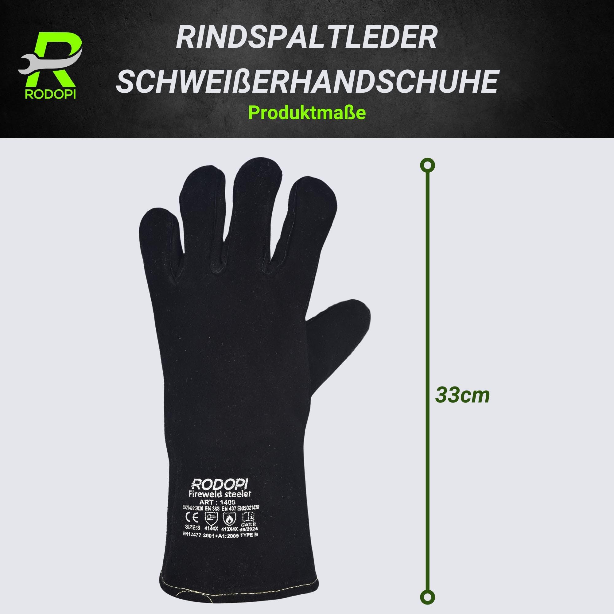 RODOPI Schweißerhandschuhe Schwarz FIREWELD-Steeler 1-10 Paar Gefüttert Rindspaltleder Arbeitshandschuhe für Damen und Herren | Gr. 8-11 | EN 12477 Typ A, EN 388, EN 407 | Hitzebeständig, Abriebfest