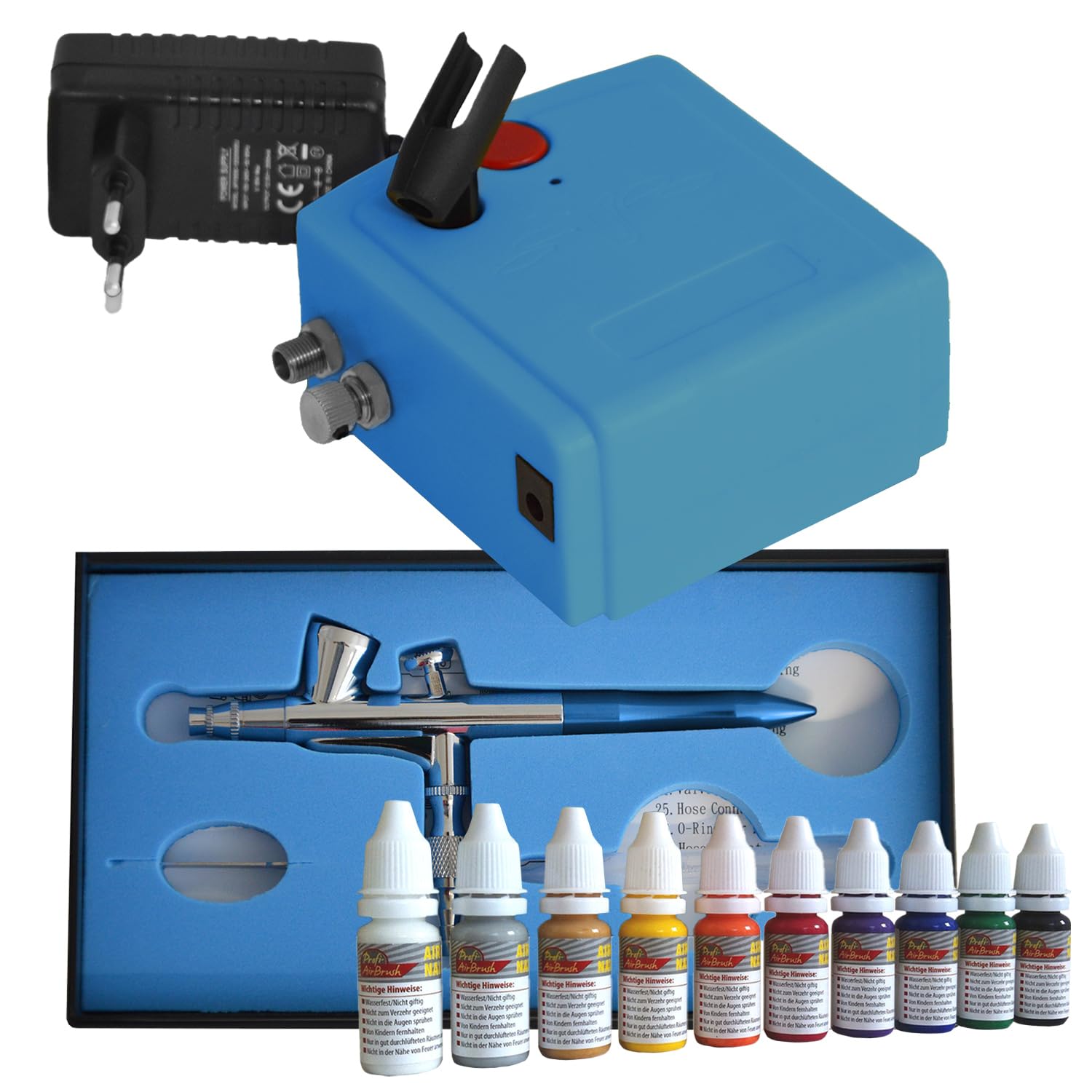Kit Aerografo Completo Carry III Con Compressore A Sensore Touch, Aeropenna Singola Azione 0.3 Mm, 4 Colori E Stencil