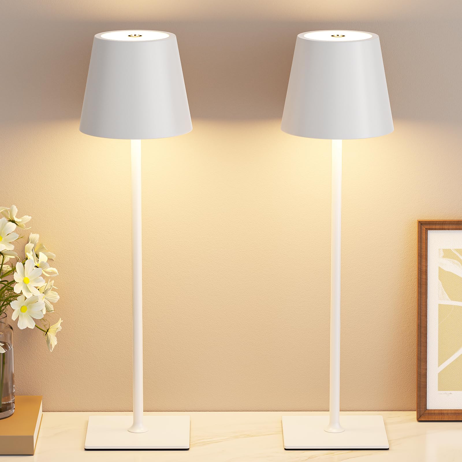 Kakanuo White Gold Cordless Rechargeable Table Lamp 5000mAh Battery Operated Lamps 3 Colors Stepless Dimming Touch Lamp for