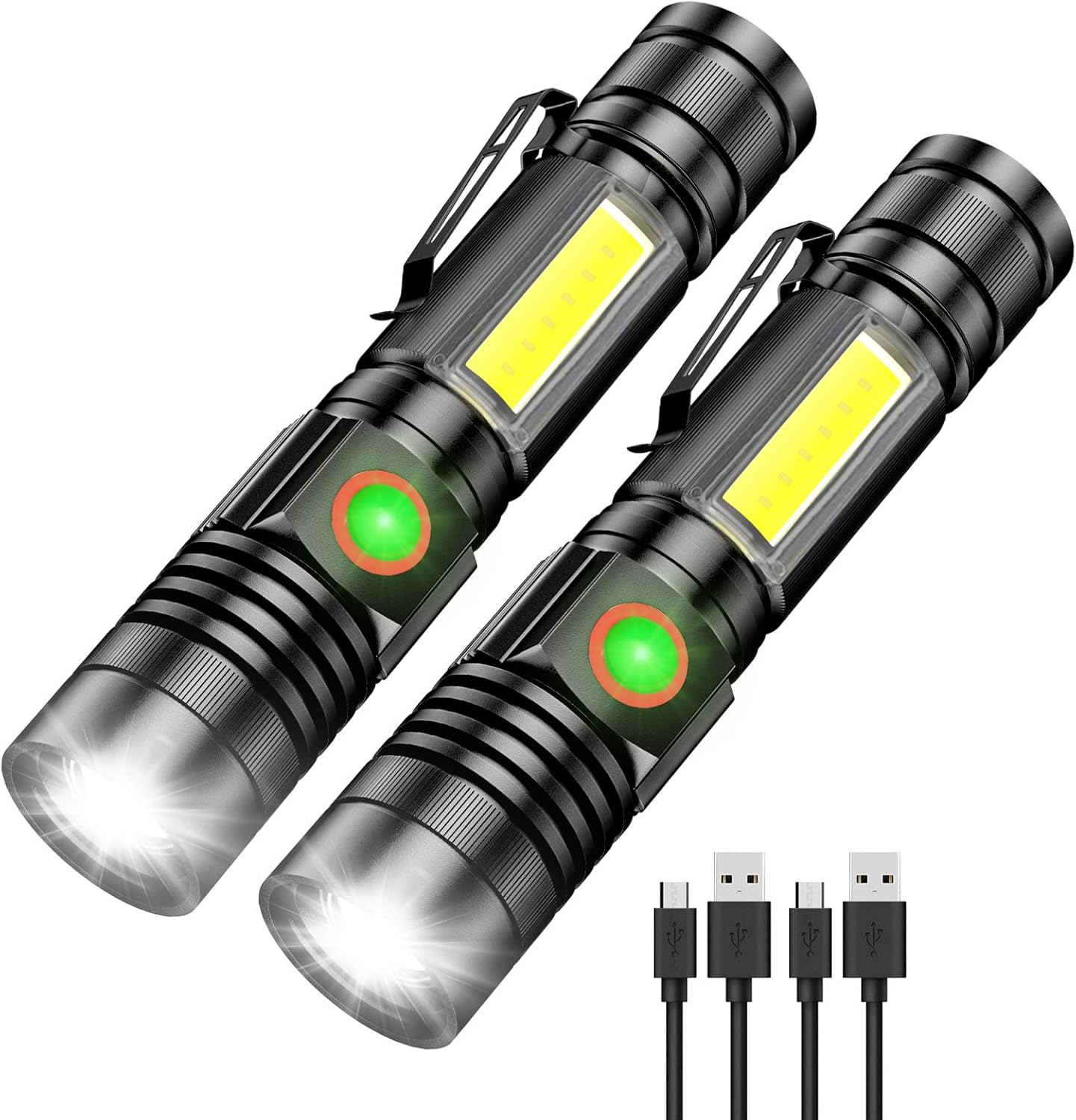 Small Flashlight Rechargeable, 1000 Lumens Super Bright Magnetic LED Flashlights with COB Sidelight, 4 Modes, Waterproof, Zoomable Pocket Tactical Flash Light for Camping Emergency 2 Pack