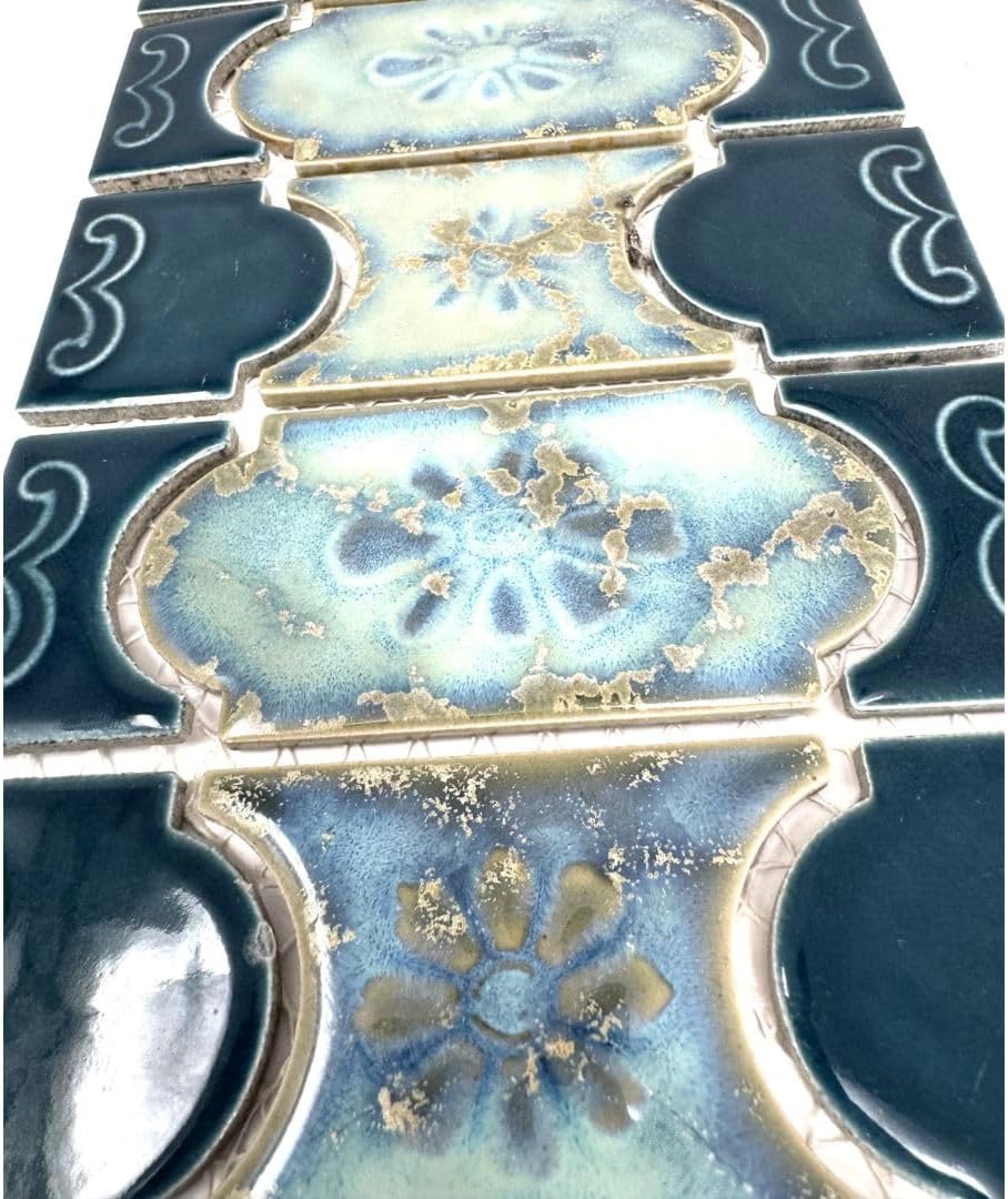 Tenedos Teal Green Glossy Porcelain Diamond Flower Mosaic Tile on 6x12 Mesh for Pool, Bathroom, Shower, Kitchen Backsplash, Accent Wall (Box of 10 Pieces)