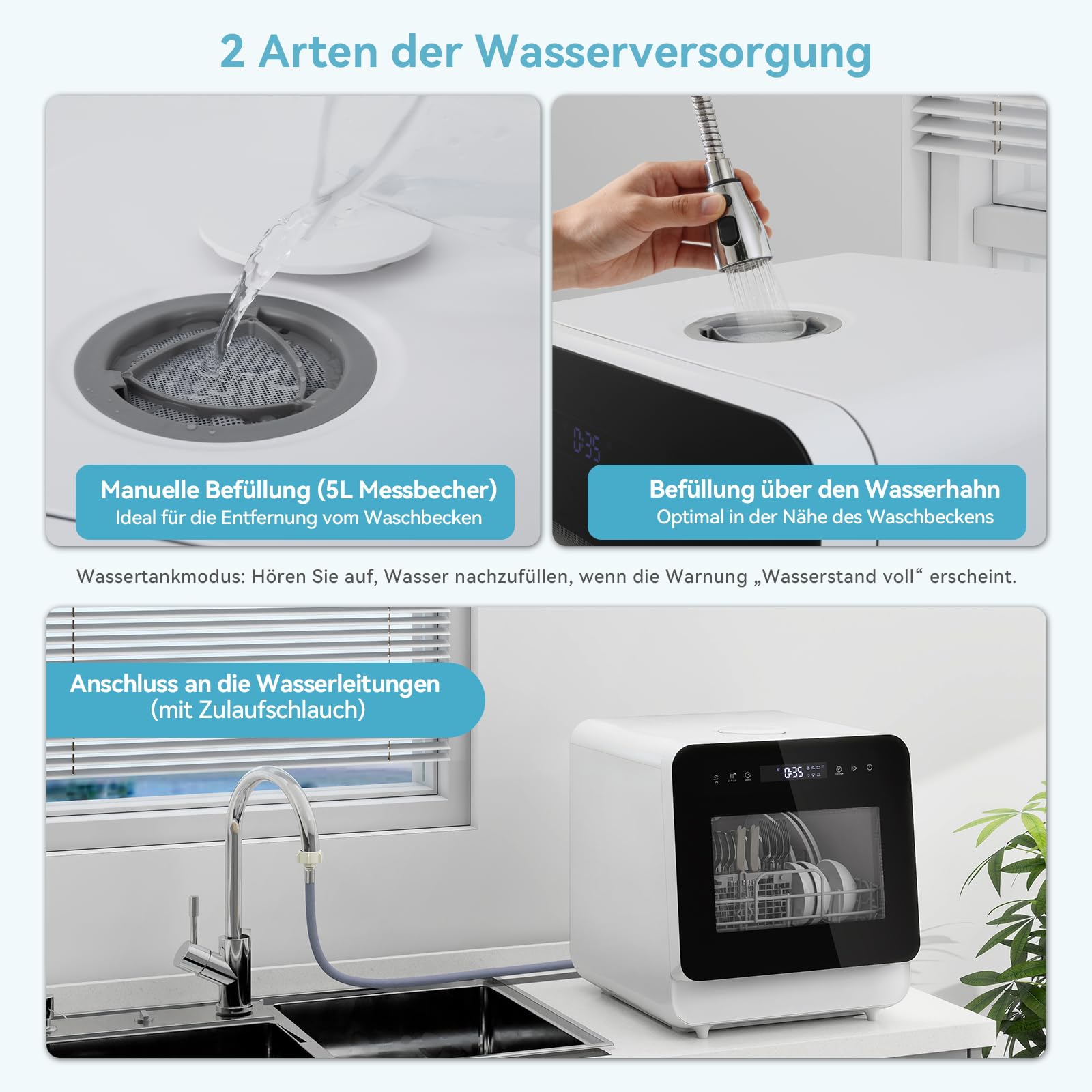 Mini Geschirrspüler 3 Gedecke Tischgeschirrspüler 5L Wassertank 6+1 Programme PTC Touch Control 24h Timer Kindersicherung