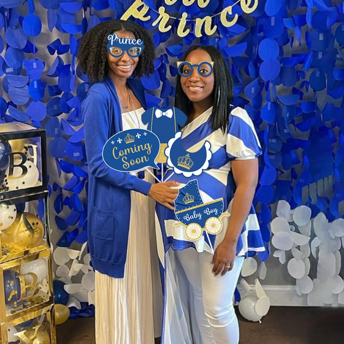 Royal Prince Photo Booth Props - 24 Pieces Baby Shower or Birthday Party Photo Props Kit Navy Blue Gold Glitter Gender Reveal Party Selfie Props