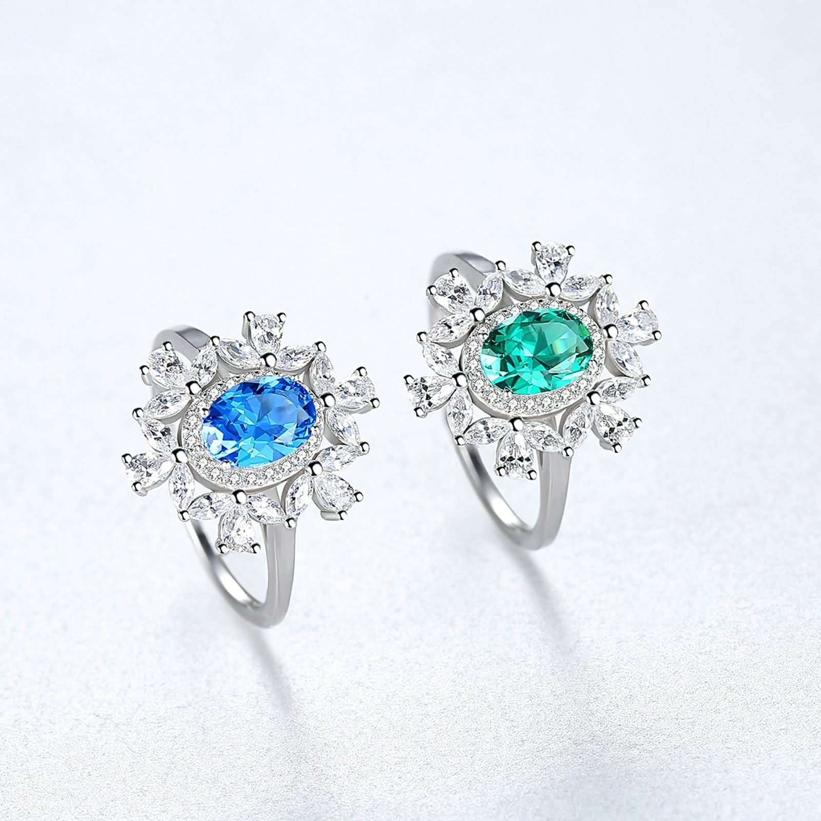 Verlobungsring für Damen, Ringe für Damen, Sterlingsilber, Blumen-Design, Saphir, weißer Zirkonia