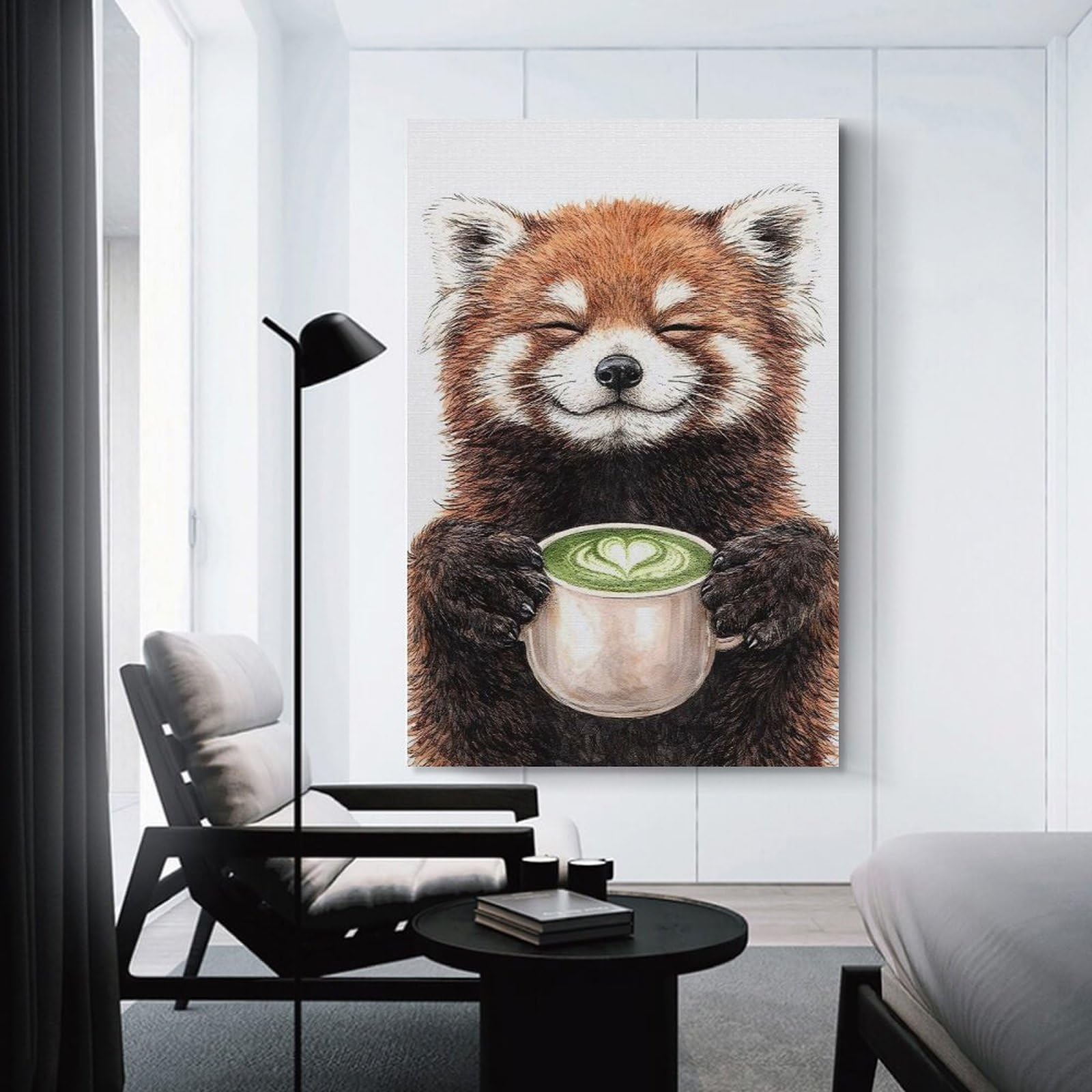 Junmoney Red Panda Enjoying Matcha Tea Hanging Wall Art 20x30inch(50x75cm), for Lounge, Bedroom Or Personal Spaces, Home Decor Gift with Stylish Appeal