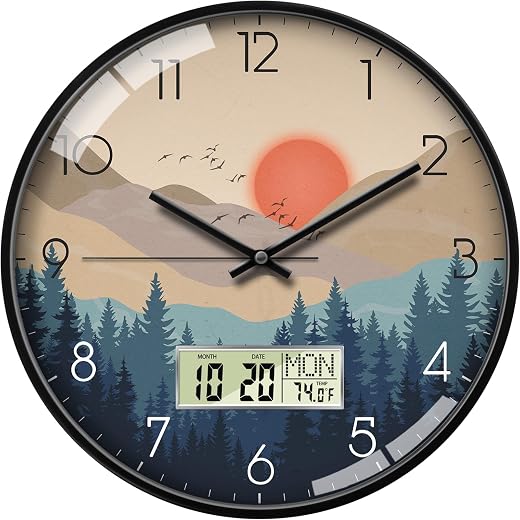 Wilderness Sunset Wall Clock, 12 Silent Non-Ticking Battery Operated Analog Clock with LCD Date Day Temp Display, Mid-Century Modern Decor for Living Room Home Office Bedroom Kitchen Farmhouse