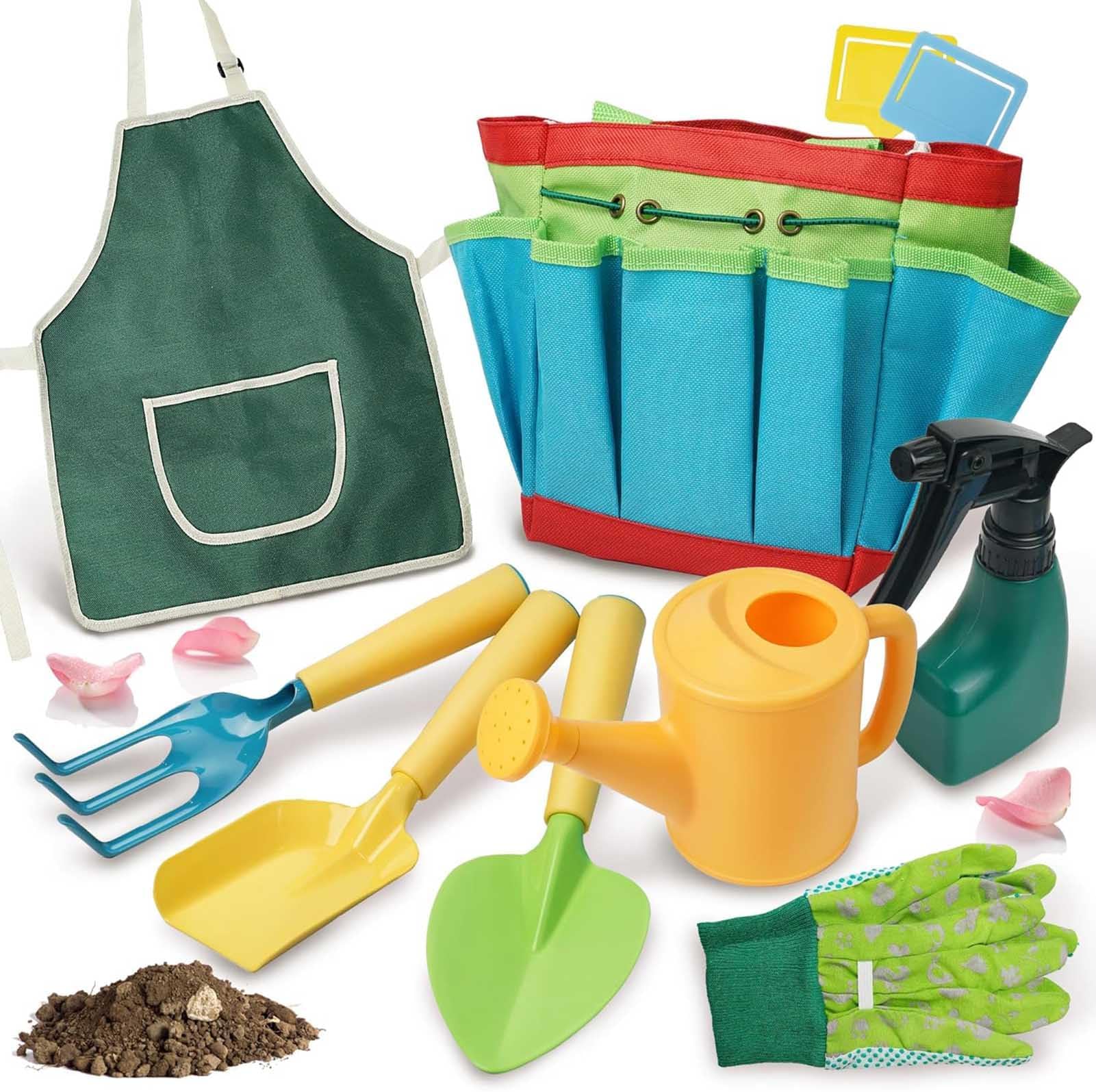Kids Gardening Tool Set, 12 PCS Kids Garden Toys, Metal Garden Tools Set, Family Outdoor Tools, Watering Can, Gloves, Rake, Shovel, Apron, Spary Bottle, Plant Tag, All in One Gardening Tote