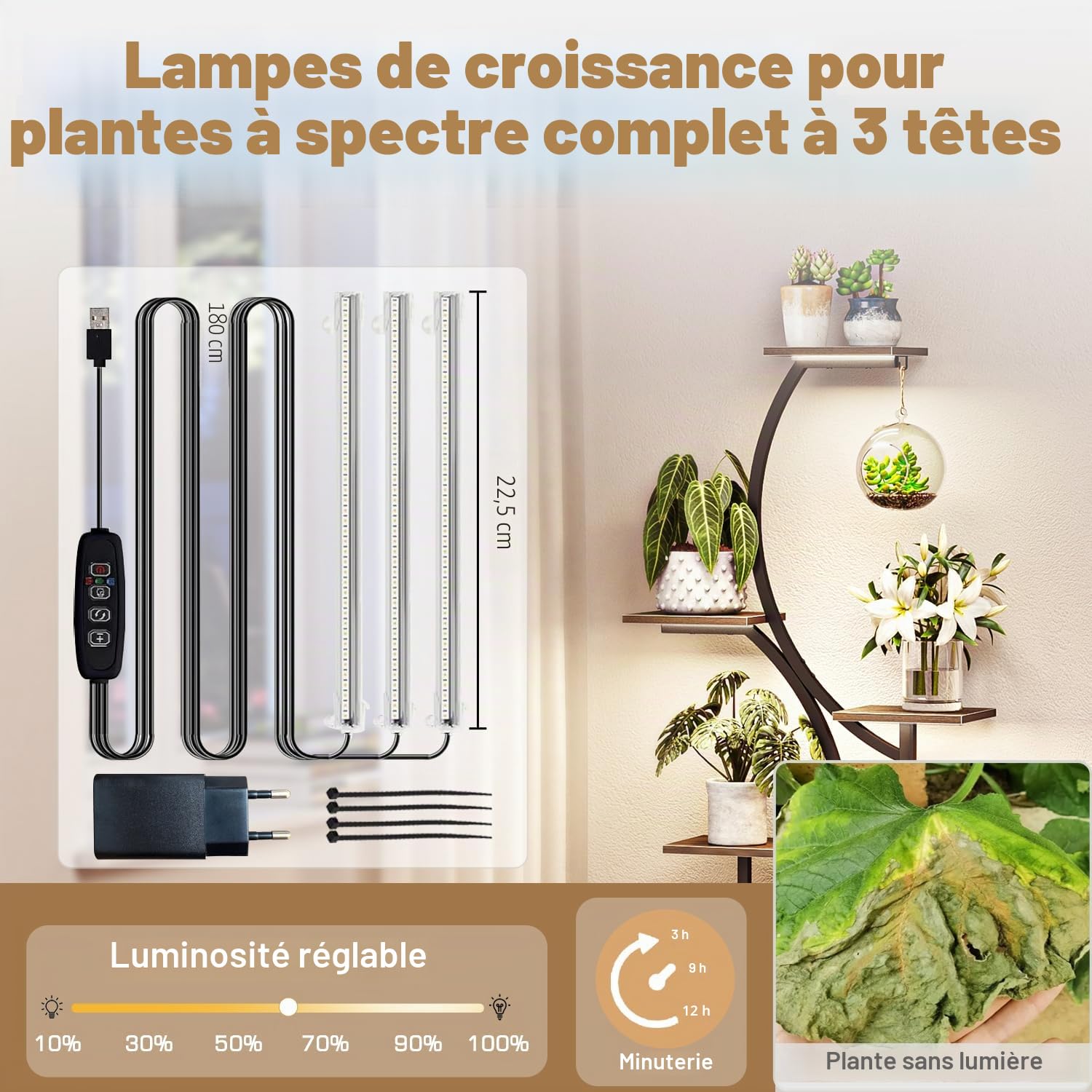 Étagère Plantes 160cm – 8 niveaux, LED croissance, métal + bois