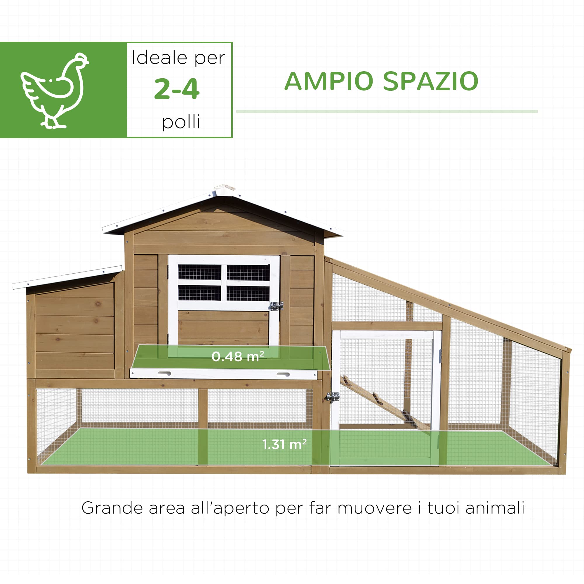 PawHut Pollaio da Giardino per Galline con Corsa e Zona di Nidificazione Vassoio Estraibile, 200x80x105cm | Pollaio per Galline da Esterno, Zona di Nidificazione, Vassoio Estraibile, da Giardino