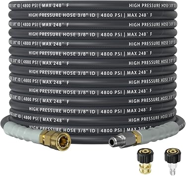 3/8" 4800PSI Pressure Washer Hose 25FT with 360° Swivel Quick Connect, Flexible & Kink Resistant Steel Wire Braided & Durable for Hot/Cold Water, High Power Washer Hose With M22 14mm Adapter