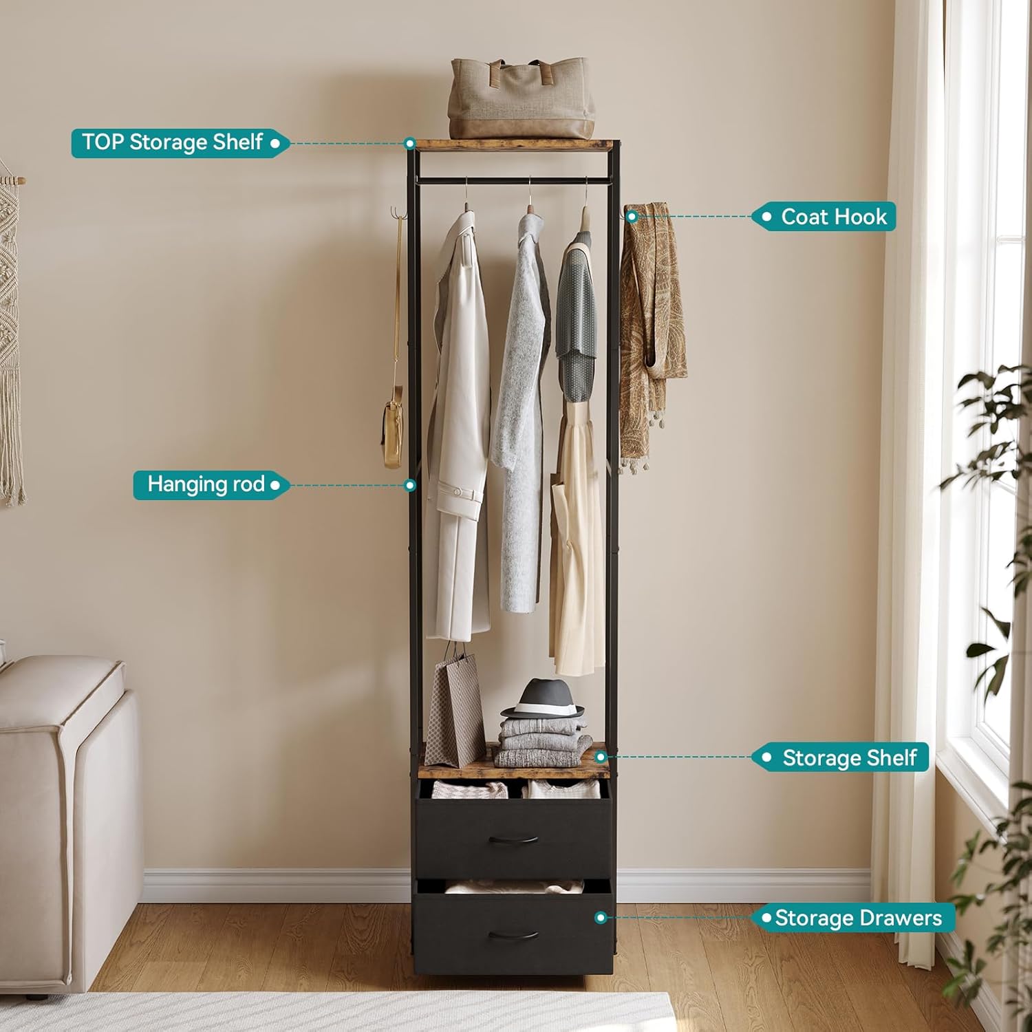 Closet Organizer with Drawers, Narrow Wardrobe Storage Rack, Small Clothes Rack with Shelf for Wardrobe and Bedroom, Closet Storage