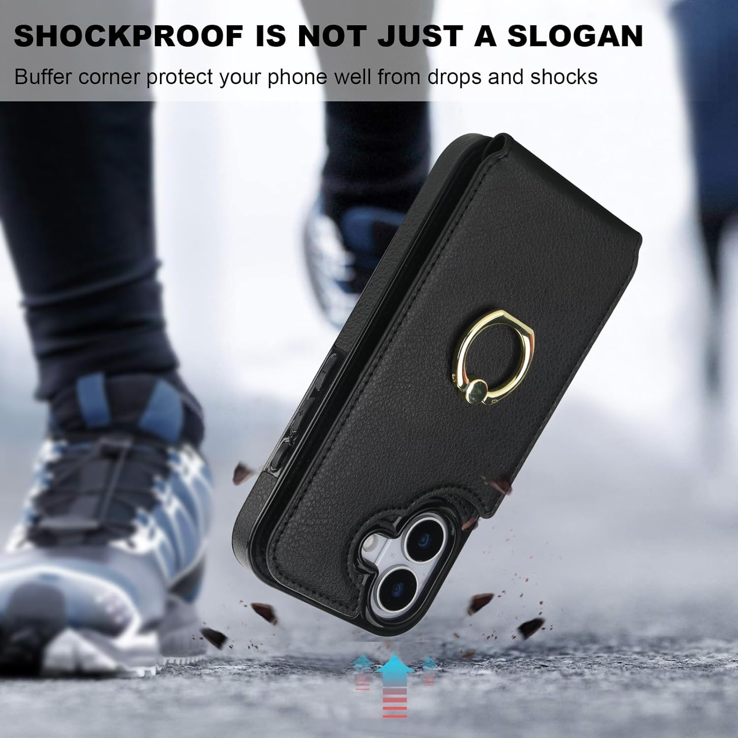 Folosu Compatible with iPhone 17 Case Wallet with Card Holder, 360°Rotation Finger Ring Holder Kickstand, RFID Blocking Leather Protective Double Buttons Shockproof Cover 6.3 Inch Black