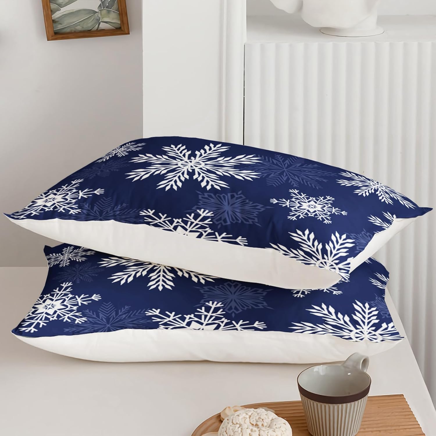 AILONEN Snowflake Duvet Cover Set Queen Size for Kids Toddler Adults,Cute Cartoon Winter Snowflakes Bedding Set,3Pcs Navy Blue Comforter Cover with 2 Pillowcases
