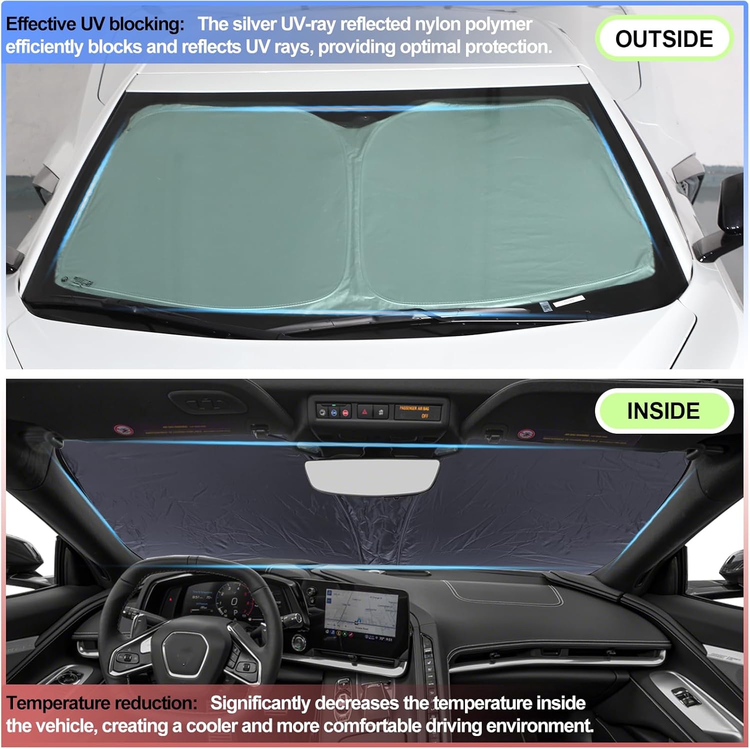 Front Windshield Sunshade for Chevrolet Corvette C8 2020-2025 Windshield Sun Shade Sun Visor UV Blocker Privacy Protector Custom Sunscreen Heatshield Resilient & Expeditious