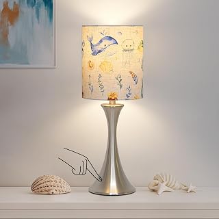 3-Way Dimmable Table Lamp, Touch Control Nightstand Lamp with Ocean Style Fabric Lampshade, Silver Modern Bedside Lamp for Bedrooms Living Room Children Room Nursery Play Room, LED Bulb Included