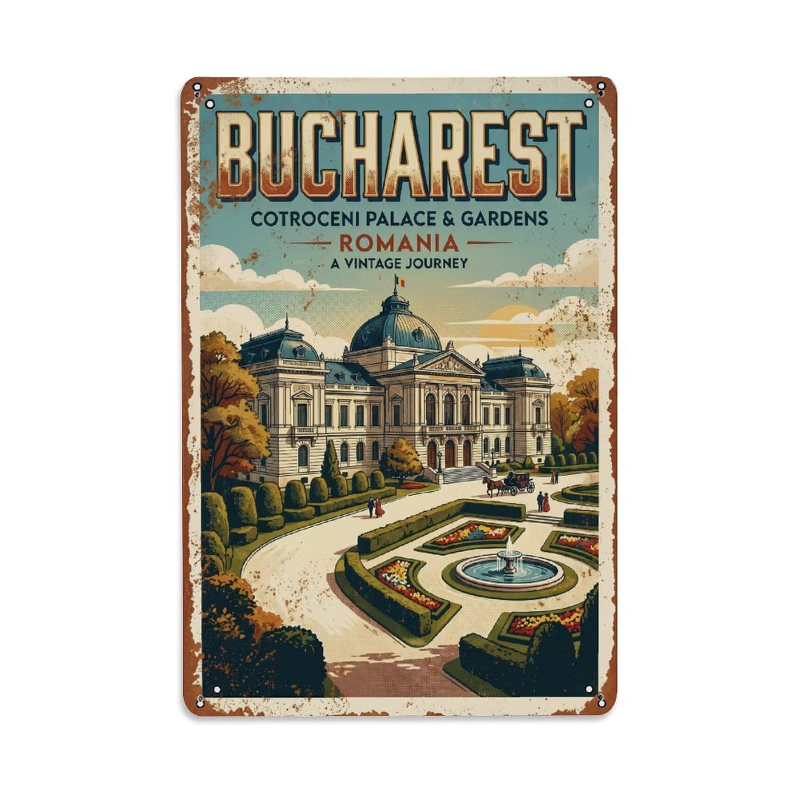 Vintage Travel Bucharest Cotroceni Palace Gardens Romania Metal Tin Sign Plaque Wall Decor for Cafe, Club Bar, Office, Home Garden Metal Poster 8x12Inch