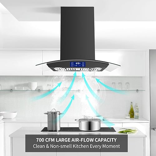 Miniatura 10 de Campana extractora de isla de 36 pulgadas, 700 CFM, control táctil y gestos, montaje en techo, acero inoxidable con canalizadoconvertible, campana