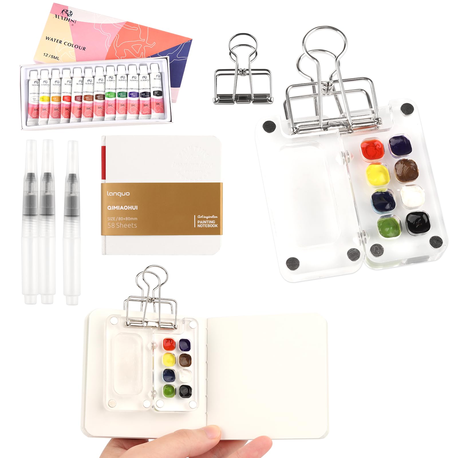 Aquarell Set Unterwegs Mini Aquarell Travel Set Skizzenbuch Palette Set 8 Grids,Tragbares Malpalette Malkasten Skizzenbuch Palette für Künstler,Studenten mit Aquarellpapier Aquarellpinsel Stiftel Clip