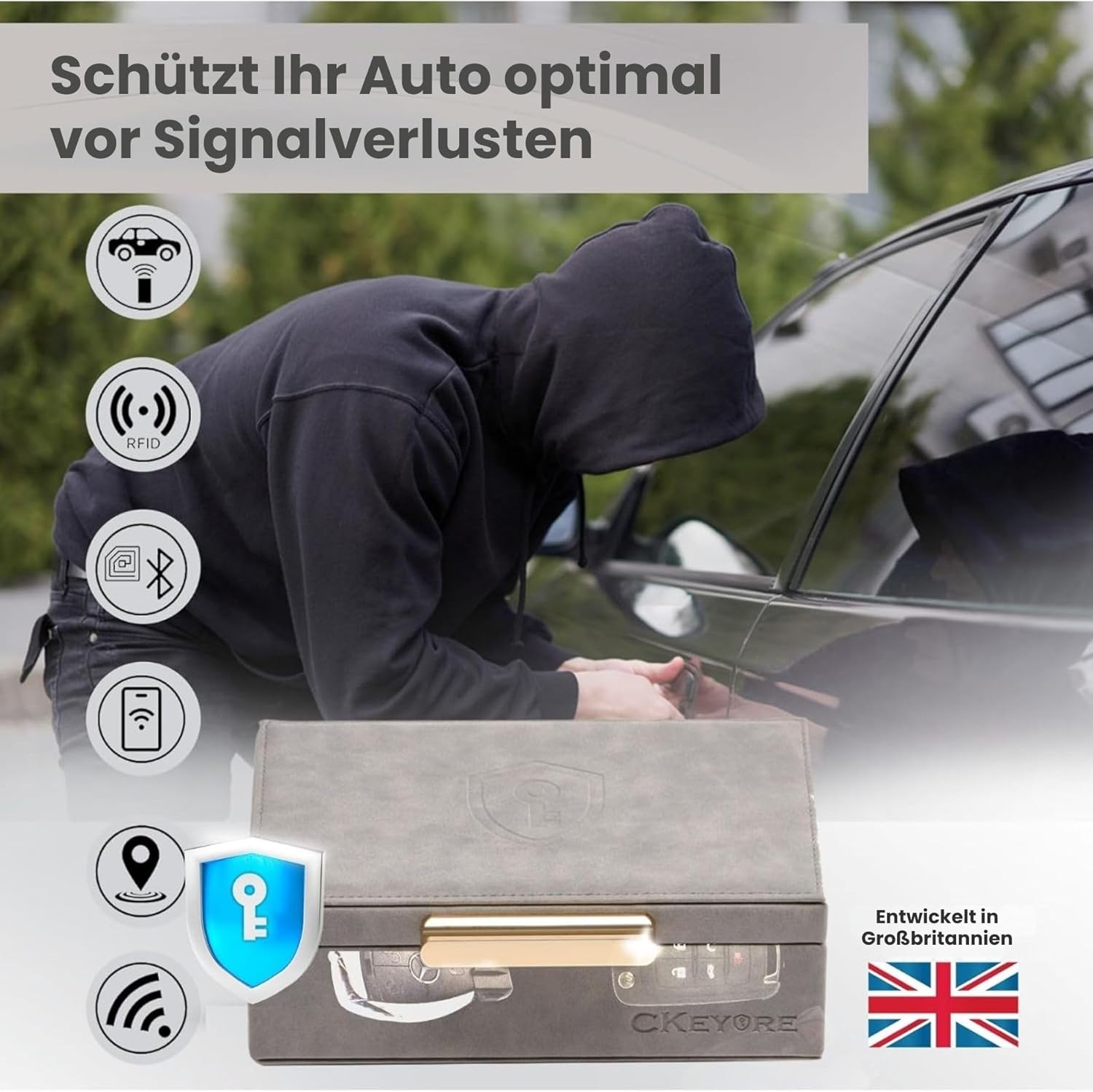 CKEYURE Key Box | Faraday Box for Car Keys | Car Key Signal Blocker Box | RFID Key Box | Key Holder | Key Safe | Signal blocking key box for car security | One Hand Operation (Light Grey)