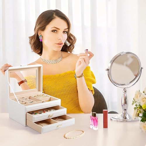 Miniatura 7 de Souroyea Organizador de joyas de 3 capas, organizador de joyas con tapa de vidrio, joyero con organizador de aretes, 2 cajones, cajas de joyería y