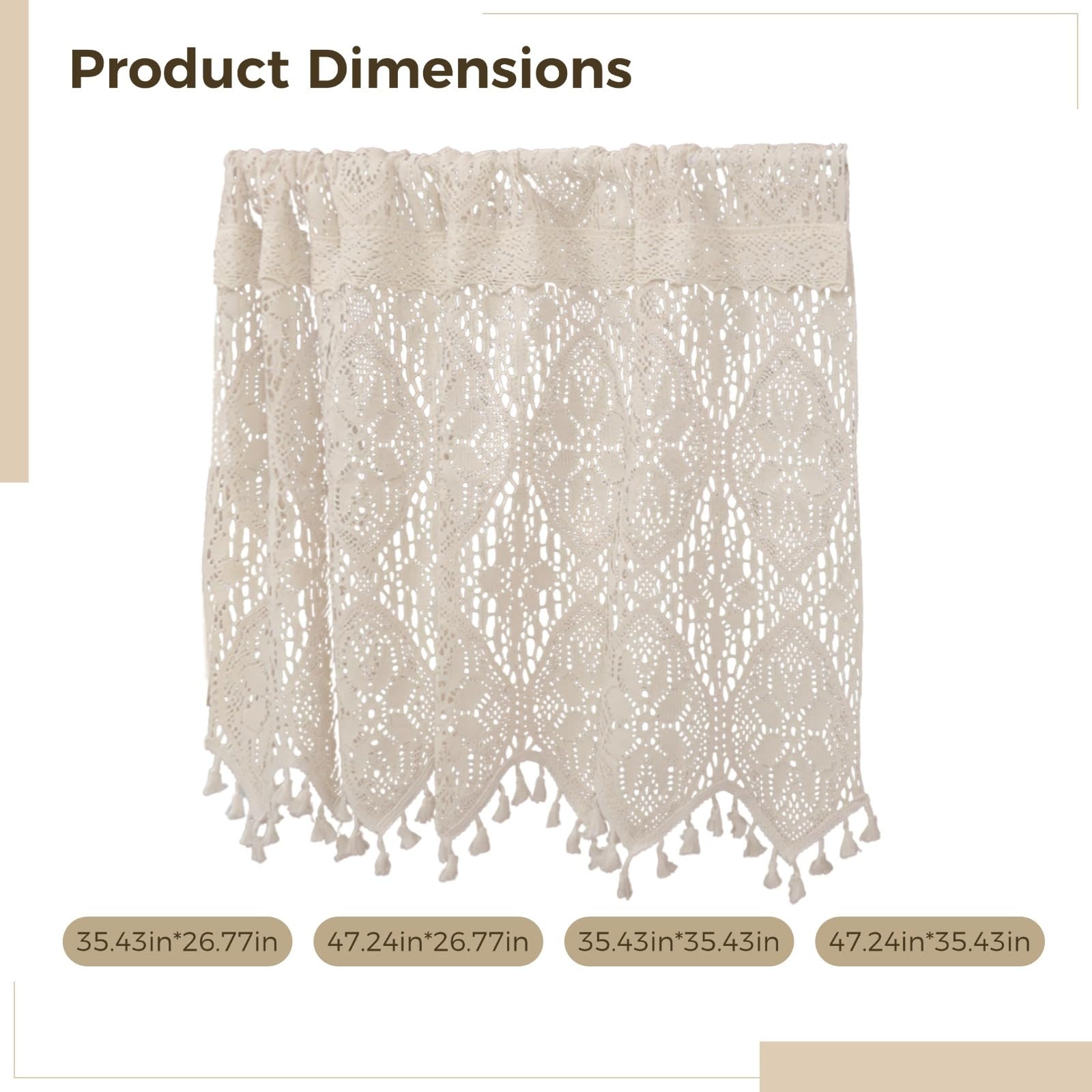 Cantonnière vintage en crochet faite à la main en dentelle de coton avec pompons, rideau court pour cuisine, porte et armoire