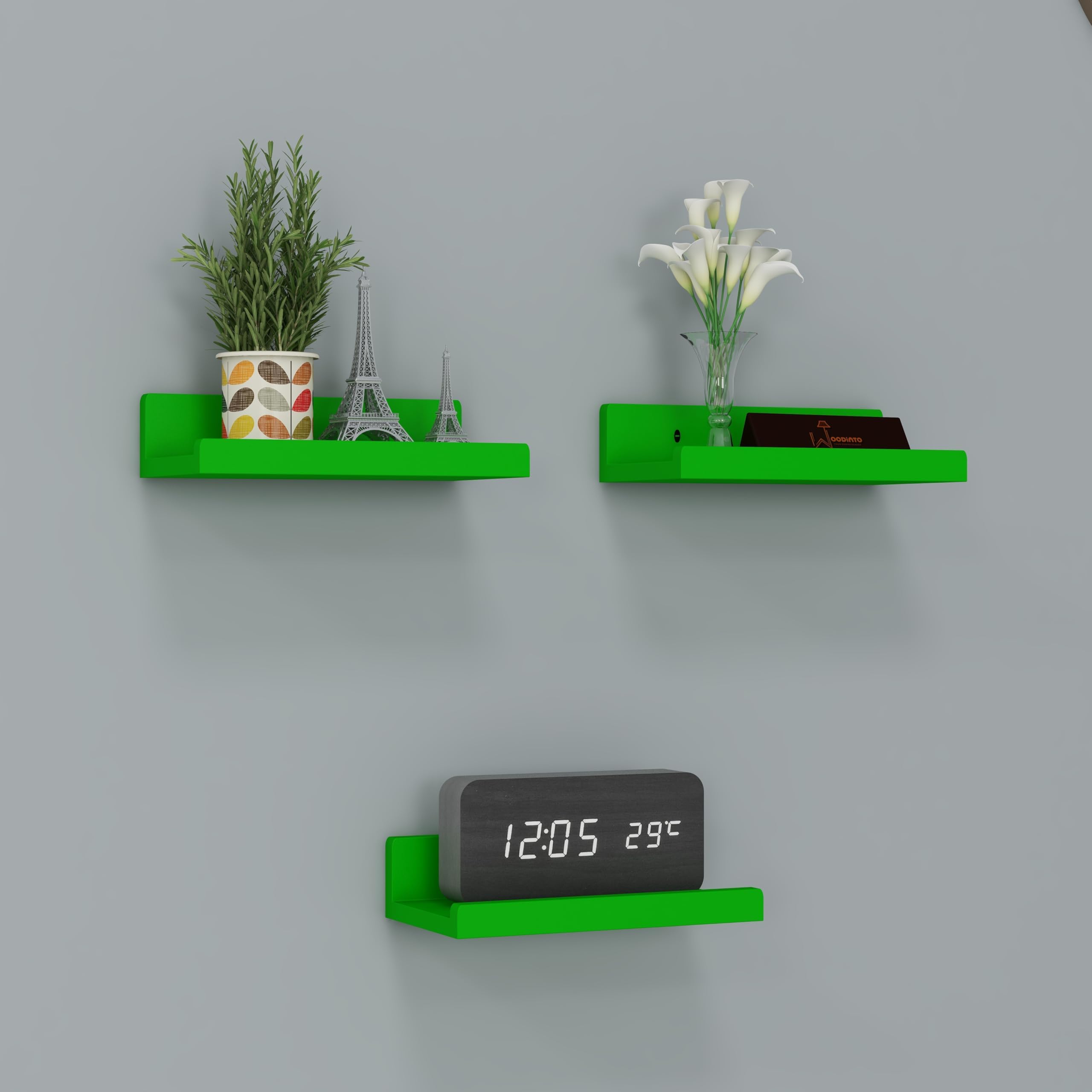 8 Inch Hanging Floating Wall Mount Display U Shape Wall Shelf, Engineered Wood Wall Rack Shelf for Living Room Decoration, Showcase and for Storage (8 Inch) Set of 3 (Black) (Green)