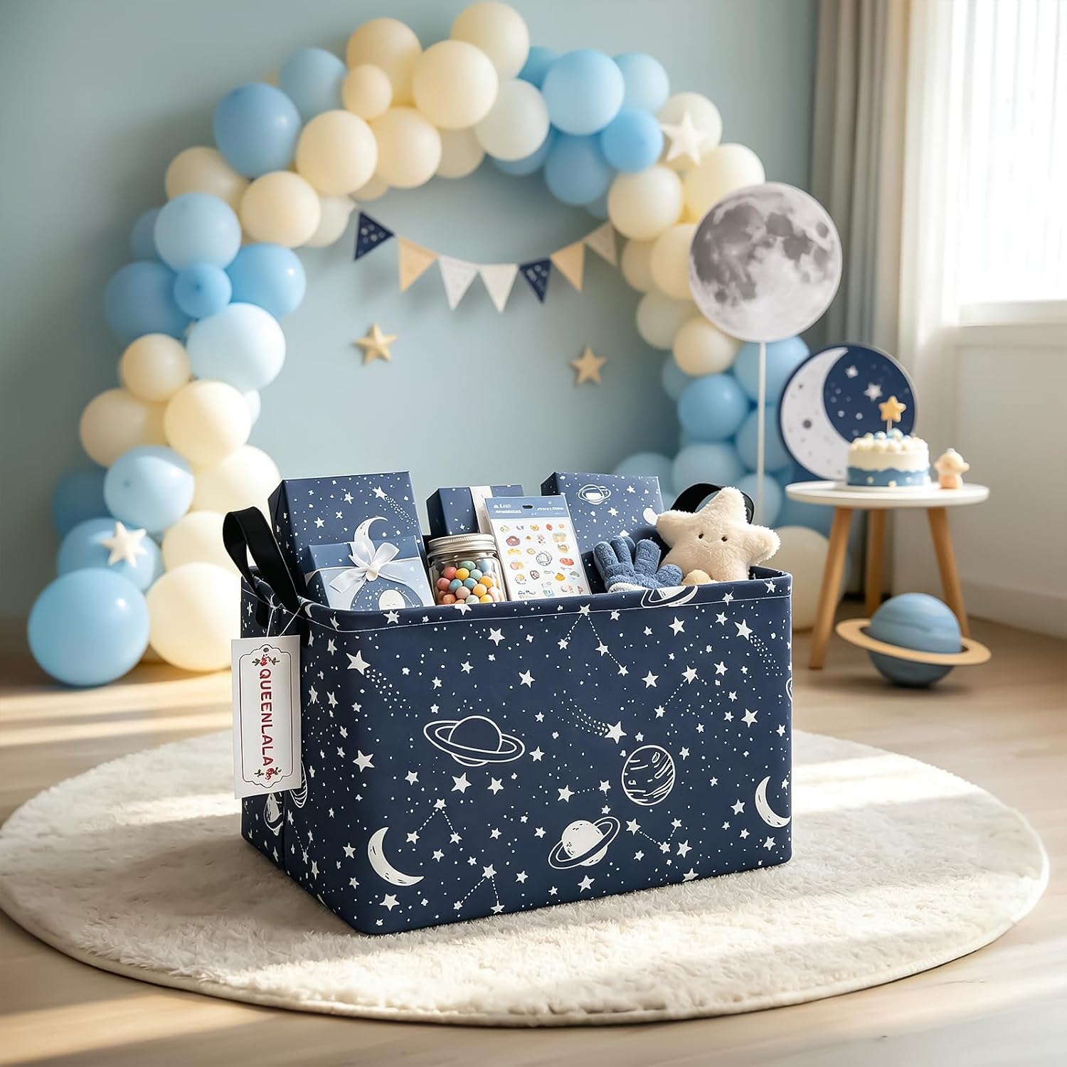 Rectangular Collapsible Laundry Basket with Side Handles, Blue Starry Sky image 4