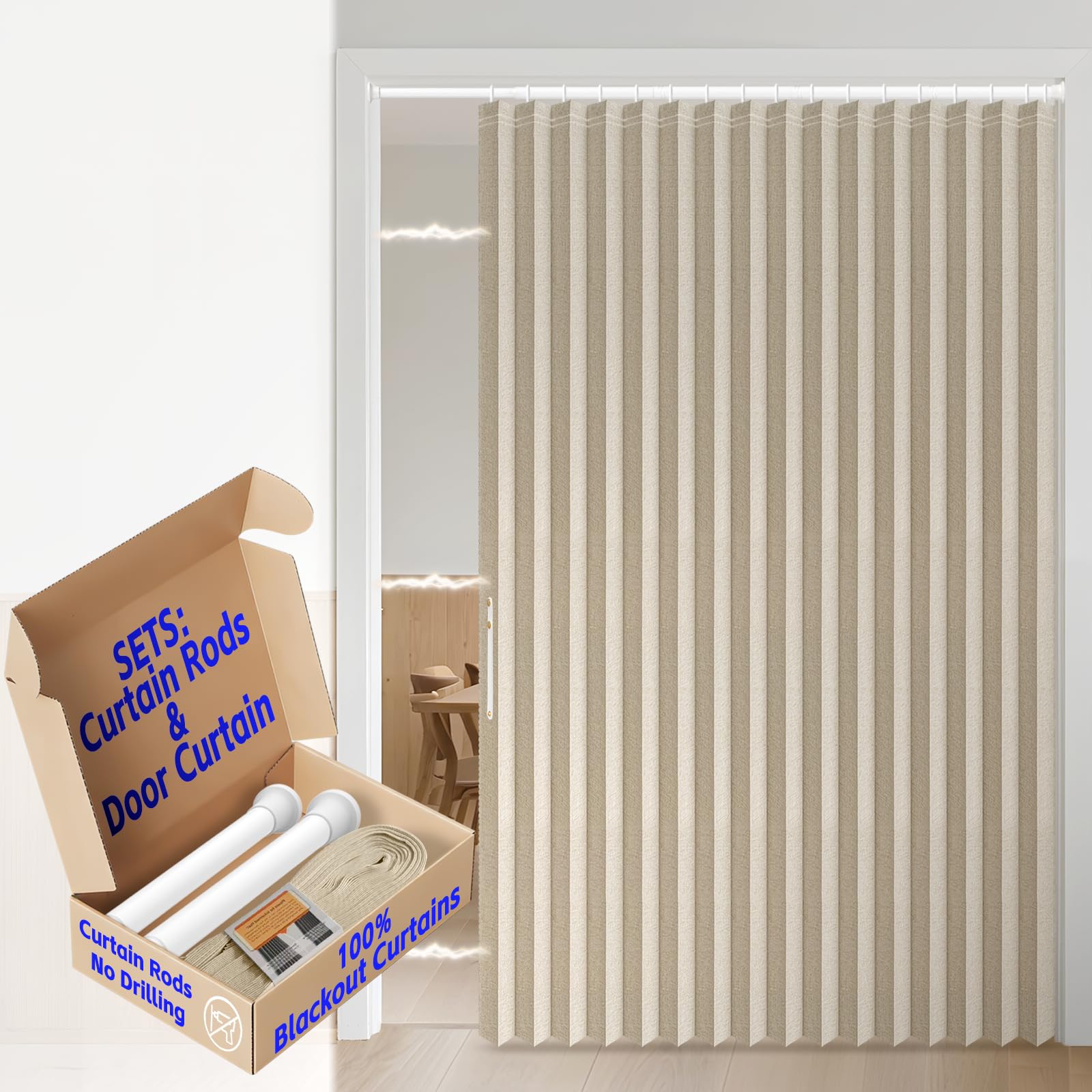 AJAZZ Blackout Accordion Door with Curtain Rods Adjustable 28-63" Long Invisible Sliding Glass Door Curtain for Bedroom Living Room Doorway Curtain Sets (1 Pack, 72 W x 78 L, Cream Yellow)