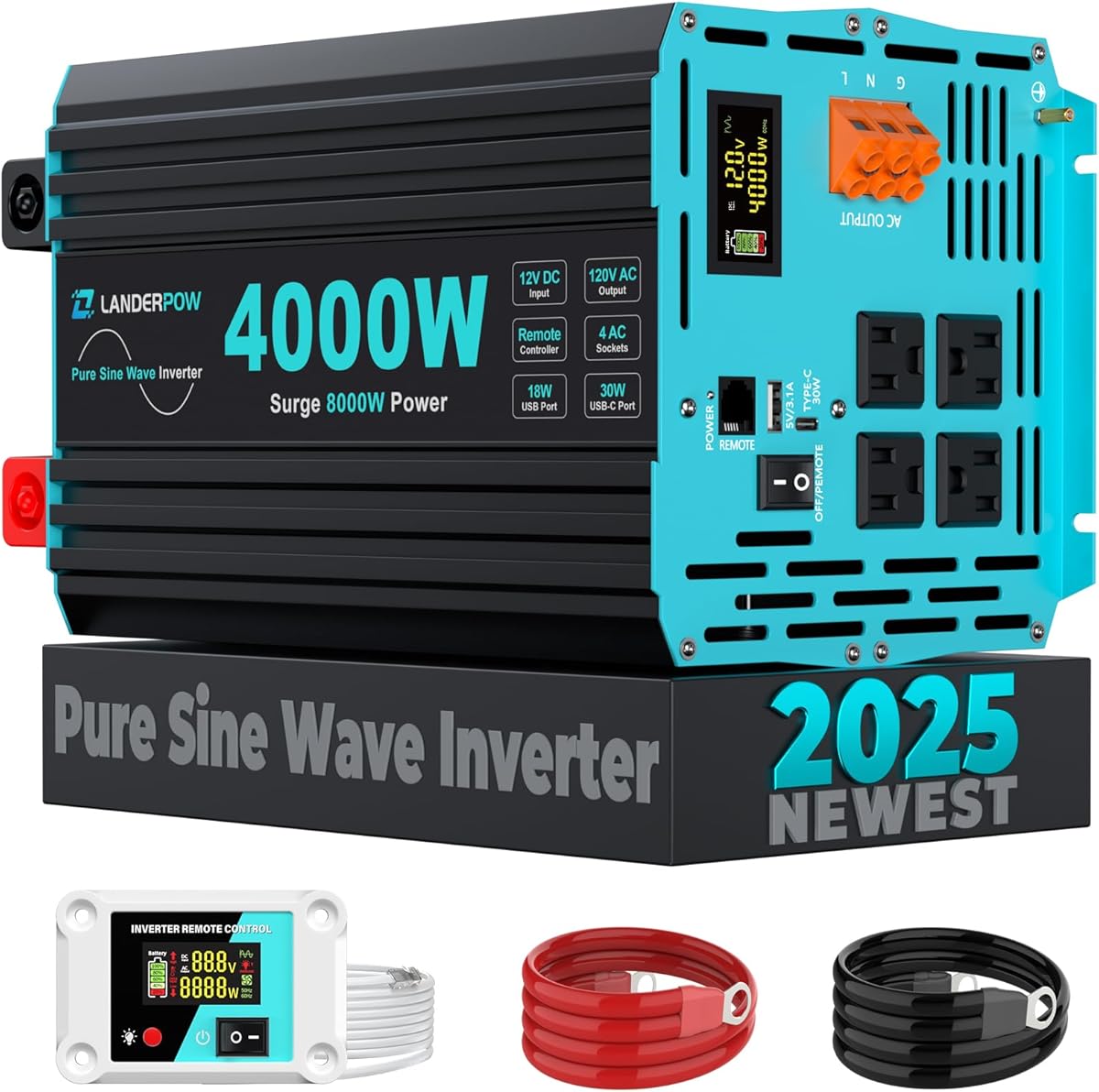 4000 Watt Inverter Pure Sine Wave 12V DC to 120V AC for RV, Truck, Solar, Home, Off-Grid, Power Inverter with 4 AC Outlet, 30W Type-C, 5V 3.1A USB, Hardwire Port, Remote Control, Surge 8000W