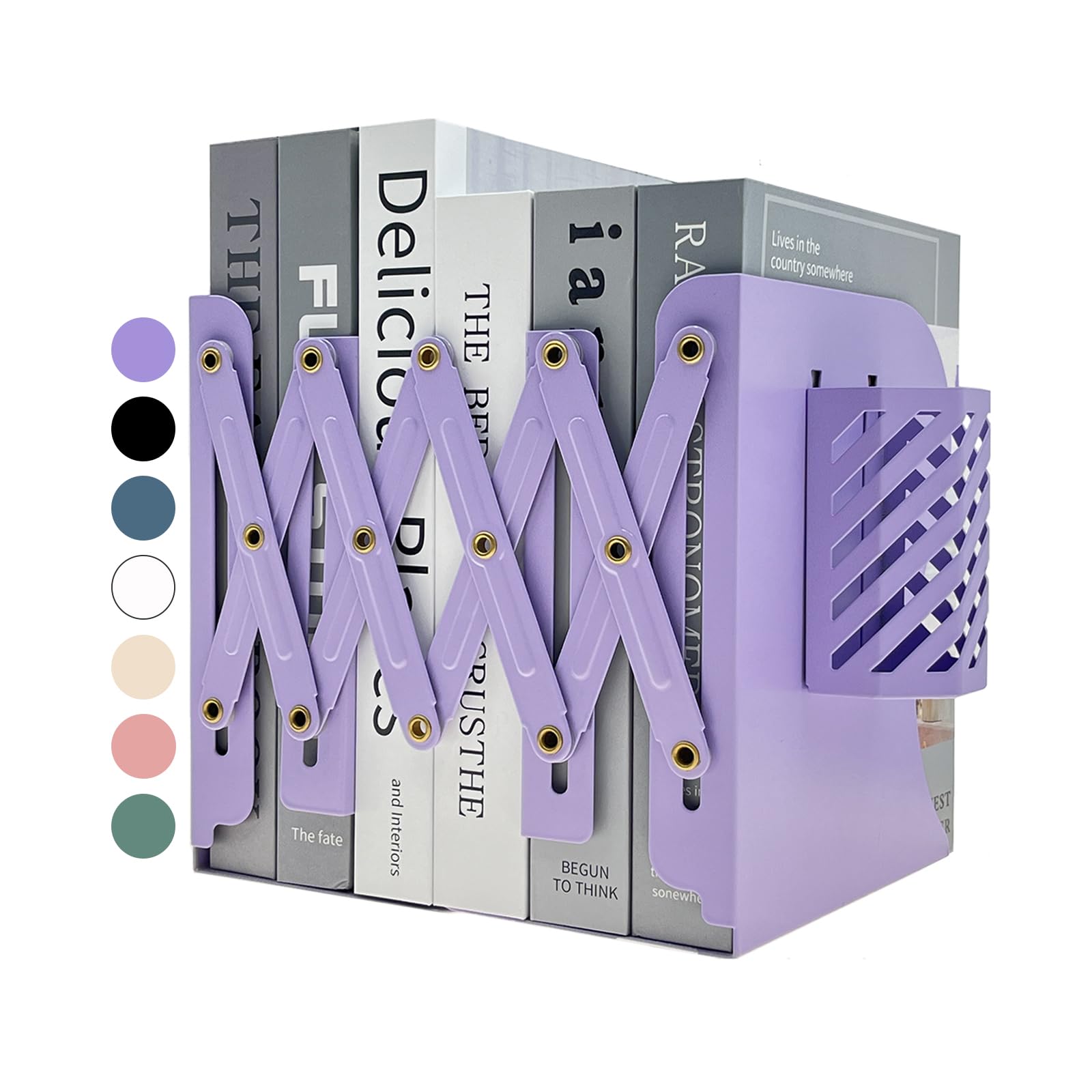 Kingsmile Book Ends, Adjustable Heavy Duty Metal Book Stoppers with Pen Holder for Desk Office Library Kids Room(Purple)