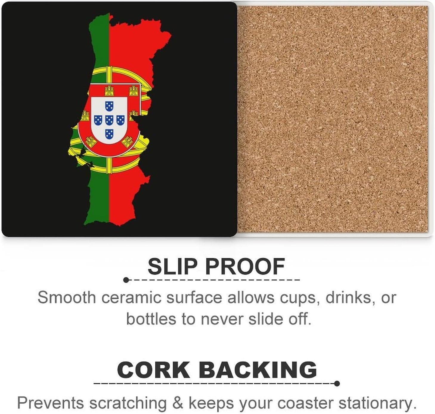 Portugal Flag Map Funny Ceramic Coasters for Drinks Absorbent Cup Holder Tabletop Protector with Cork Base