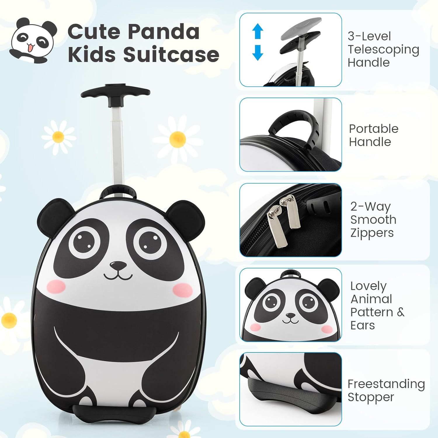Goplus 2PC Kids Carry On Luggage Set, 16" Rolling Suitcase & 12" Backpack, Airline Approved Travel Trolley Luggage with Wheels for Toddlers Children Girls Boys (Panda)