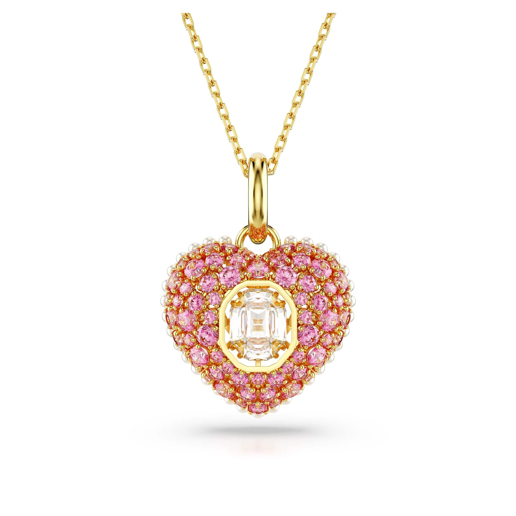 Swarovski Hyperbola pendant, Octagon cut, Crystal pearls, Heart, Pink, Gold-tone plated