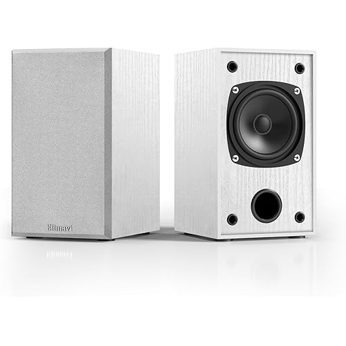 Passive Bookshelf Speakers for Home Theater Surround Sound, Satellite Stereo Speakers with Classic Wood Grain for Record Player/Computer/TV, Wall Mountable, Cable Included, White