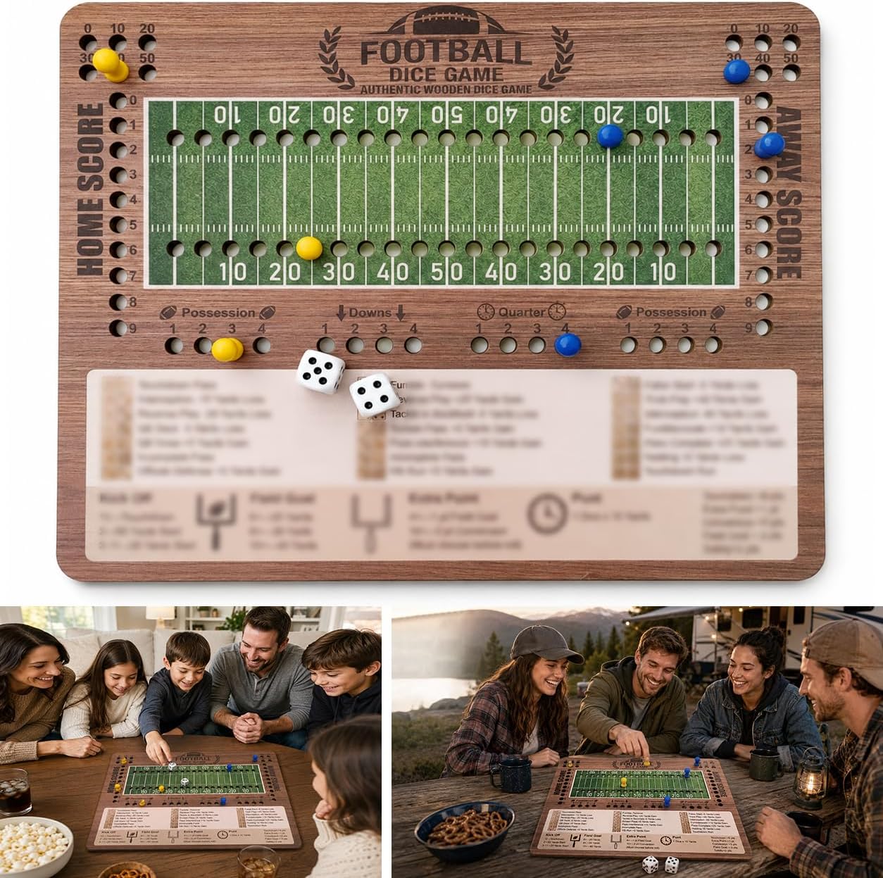 Football Dice Challenge, Premium Wooden Board Game with Scoring Tray, Competitive Sports Themed Dice Game with 20 Pawns and 3 Dice, Portable Travel Set for 2-5 Players（18+）
