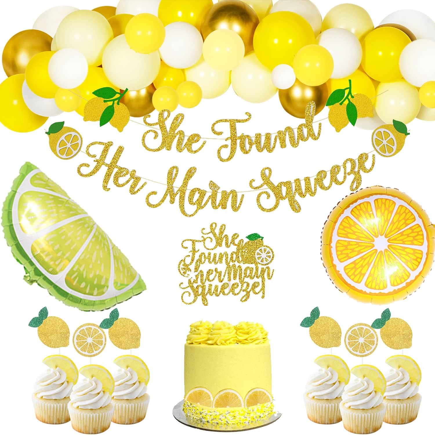 Hombae Lemon Bridal Shower Decorations, Lemon Party Decorations, She Found Her Main Squeeze Banner Cake Cupcake Toppers, Fruits Theme Party Supplies Kit, Lemon Balloons for Lemonade Citrus Theme Party