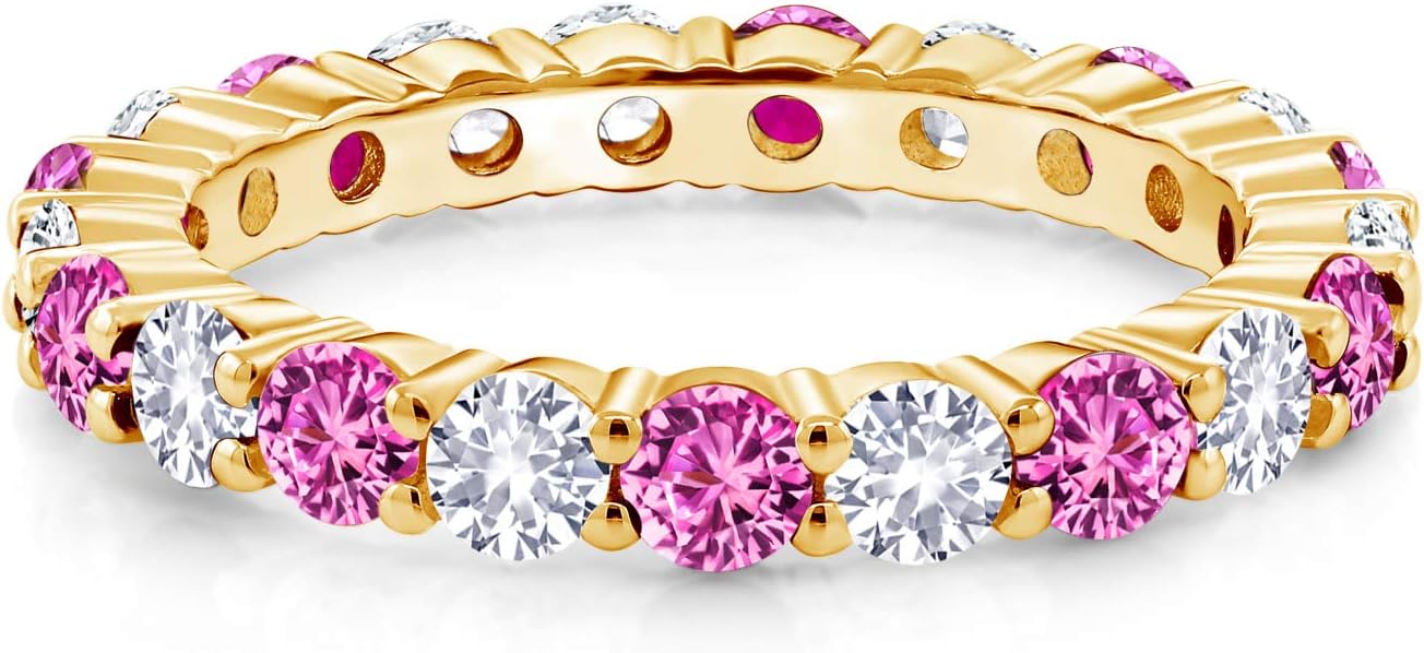 Gem Stone King 1.33 Cttw Round Pink Sapphire and White Created Sapphire 18K Yellow Gold Plated Silver Eternity Band Ring For Women | Round 3MM | Wedding Engagement Anniversary Promise Ring For Women