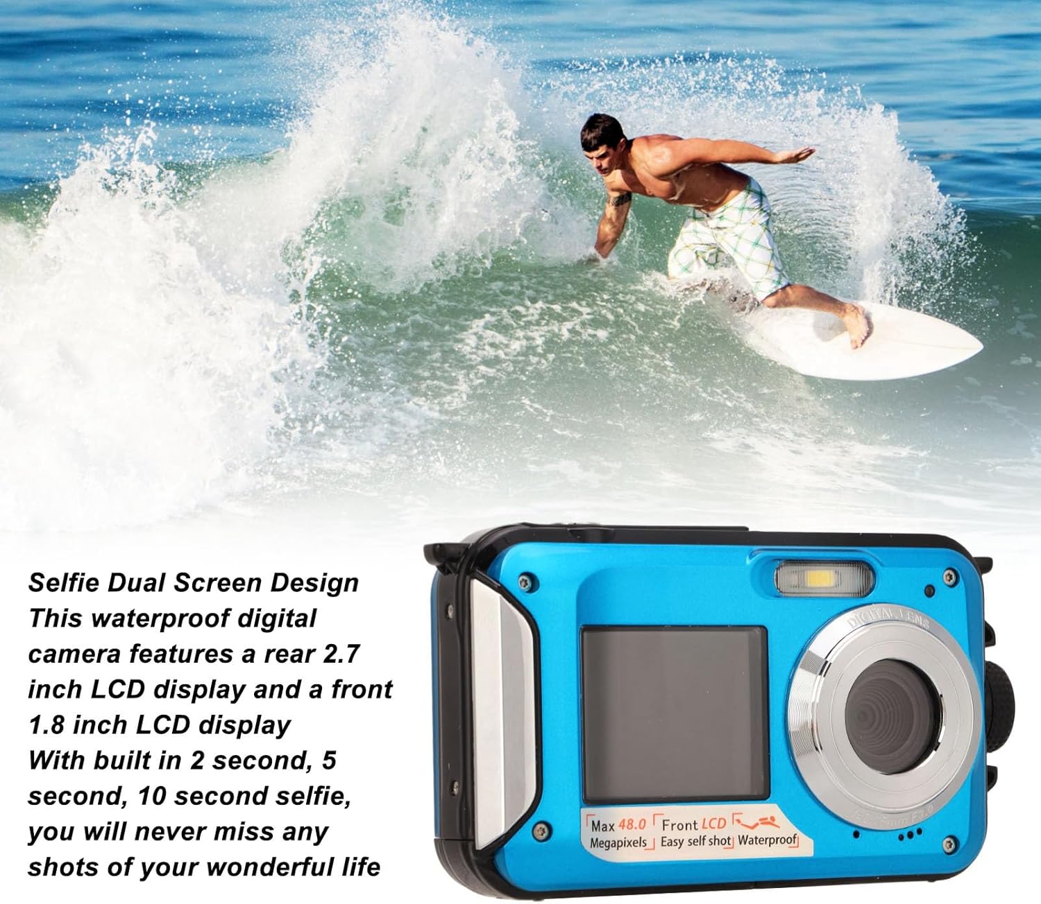 Waterproof Underwater Digital Camera Full HD 2.7K 48MP 16X Zoom Dual Screens Red (Blue)
