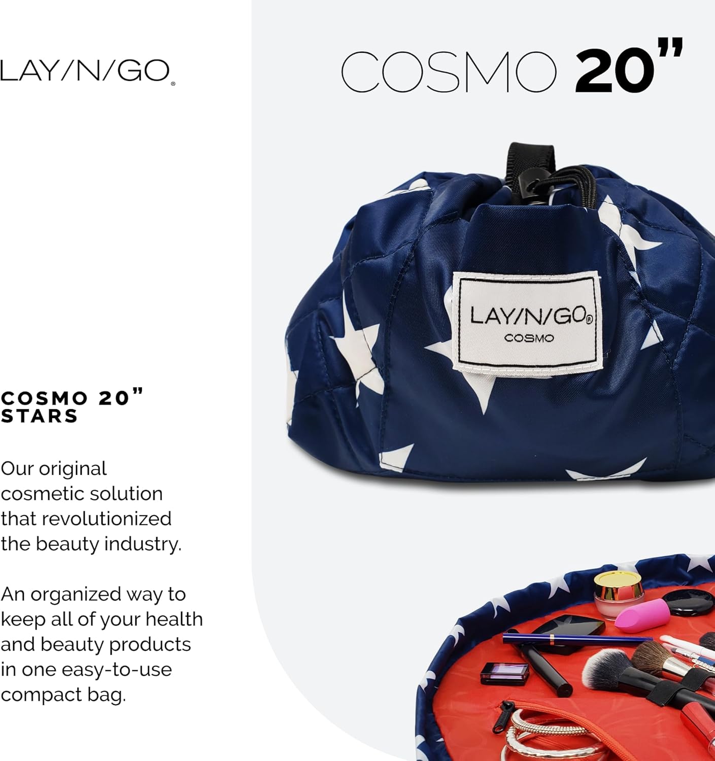 Lay-n-Go Cosmo Drawstring Cosmetic & Makeup Bag Organizer - Portable Drawstring Makeup Bag w/Zipper Pocket, Makeup Loops & More - Durable, Machine Washable Toiletry Sack (20", Navy/Red Stars)