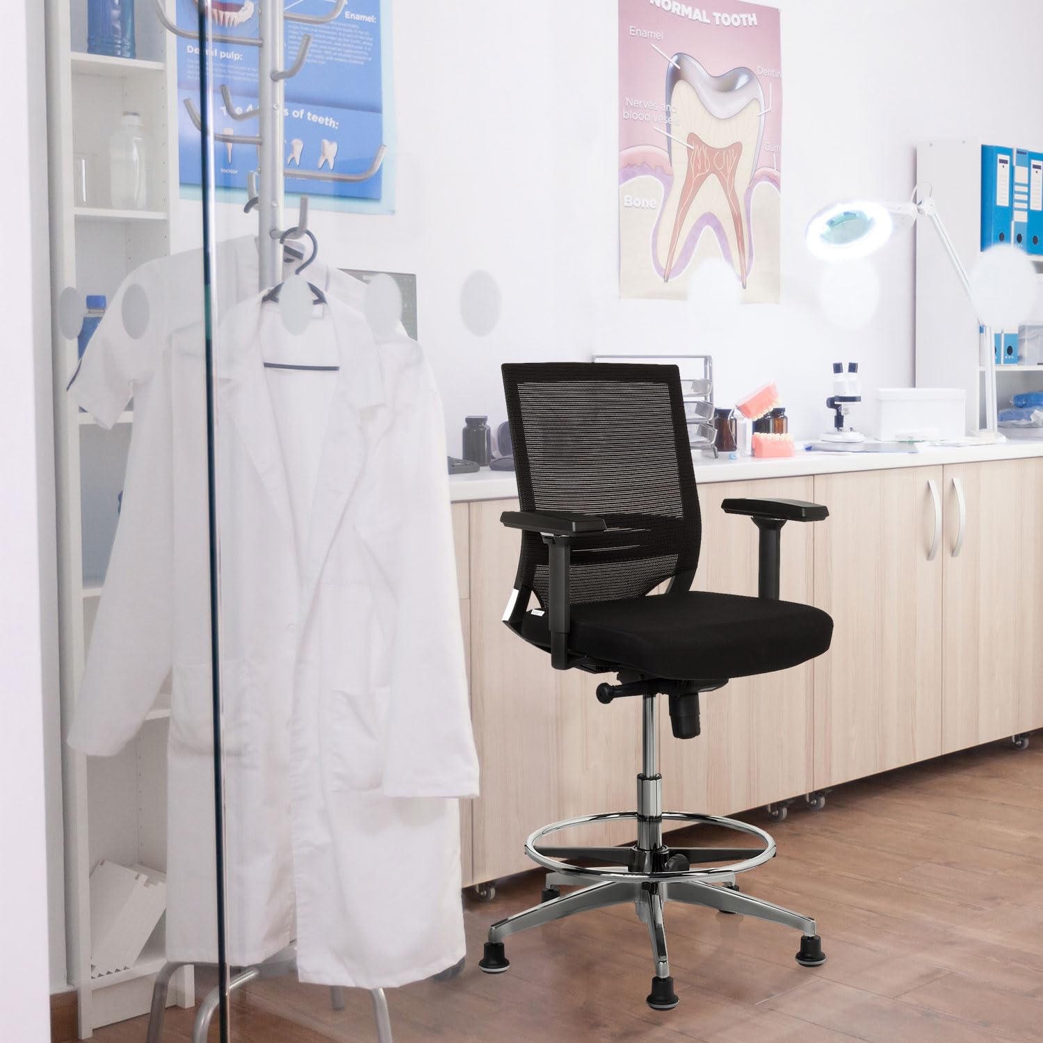 hjh OFFICE 657550 Arbeitsstuhl Counterstuhl TOP Work 77 Stoff/Netz Schwarz Bürostuhl hoch, ergonomisch, Stuhl & Fußstütze höhenverstellbar
