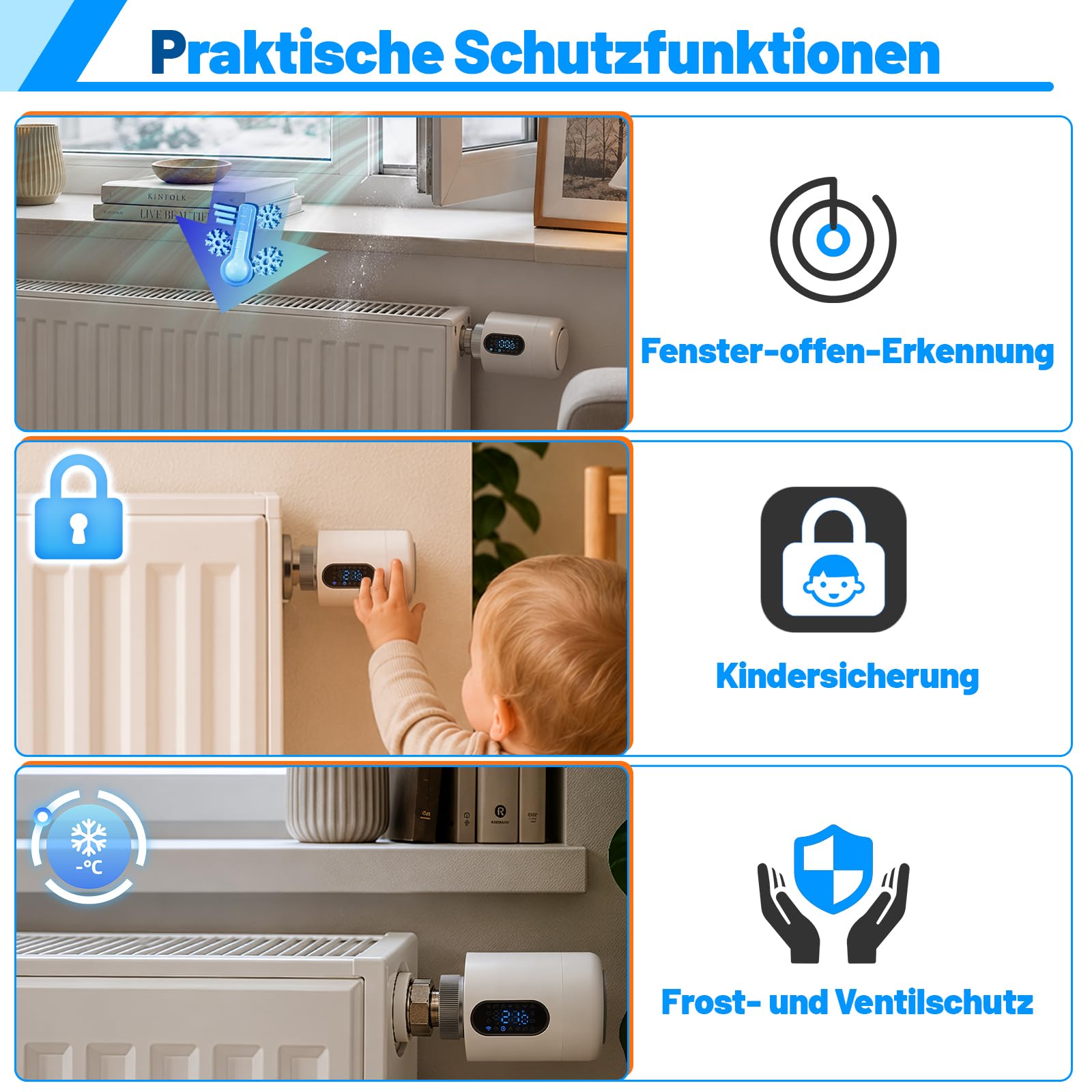 Lot de 3 thermostats de radiateur 2,4 GHz Wi-Fi sans hub Blanc