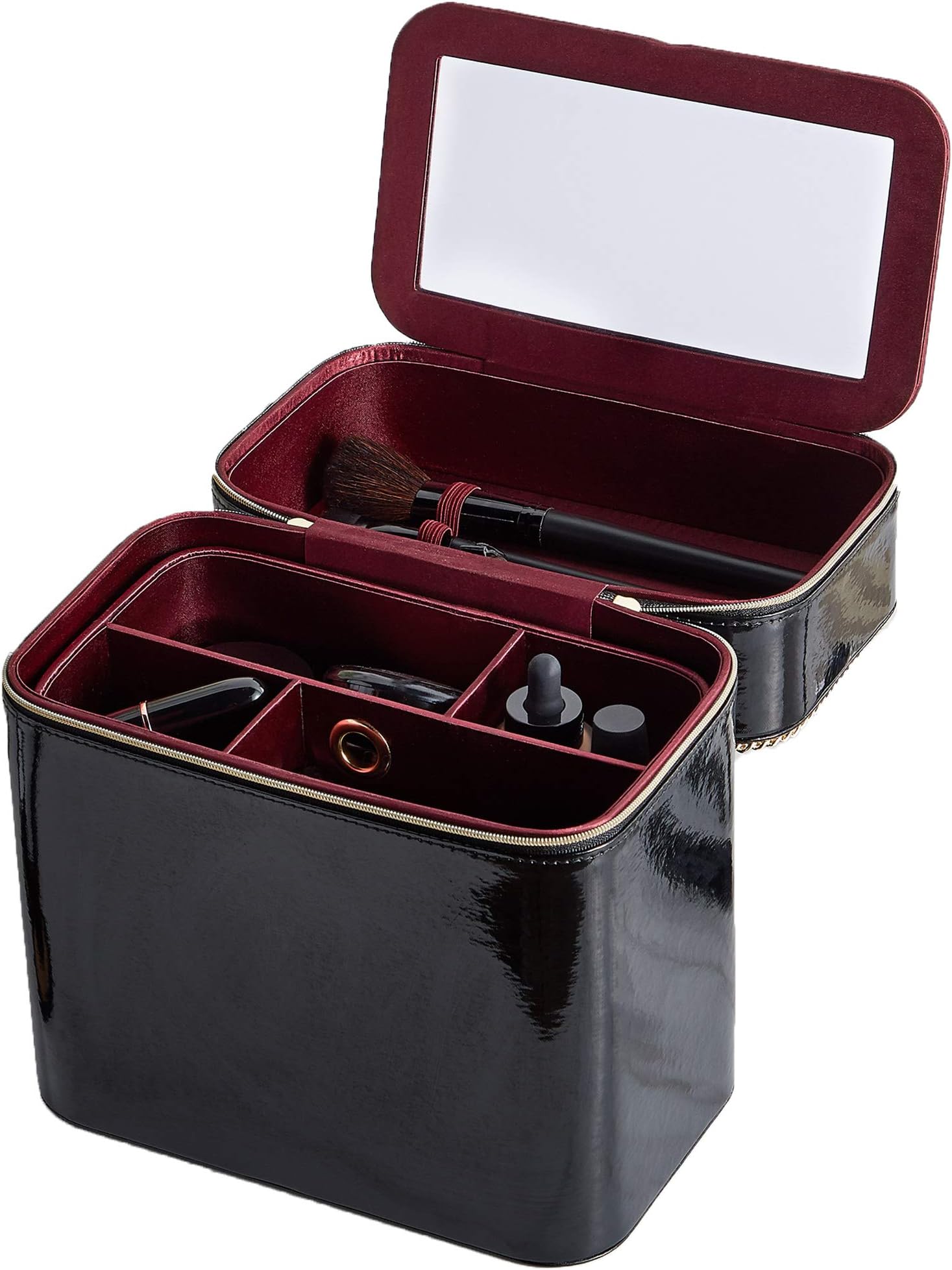 Beautify Black Makeup Cosmetic Organizer Carry Case with Mirror, Removable Trays, Elasticated Brush Holders and Cosmetic Storage Compartments Ideal for Portable Travel