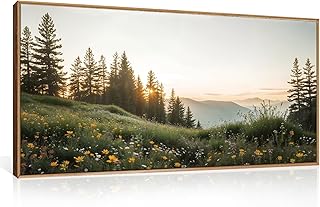 FWIEXA Green Forest Mountain Framed Canvas Wall Art Set, Wildflower Mead...