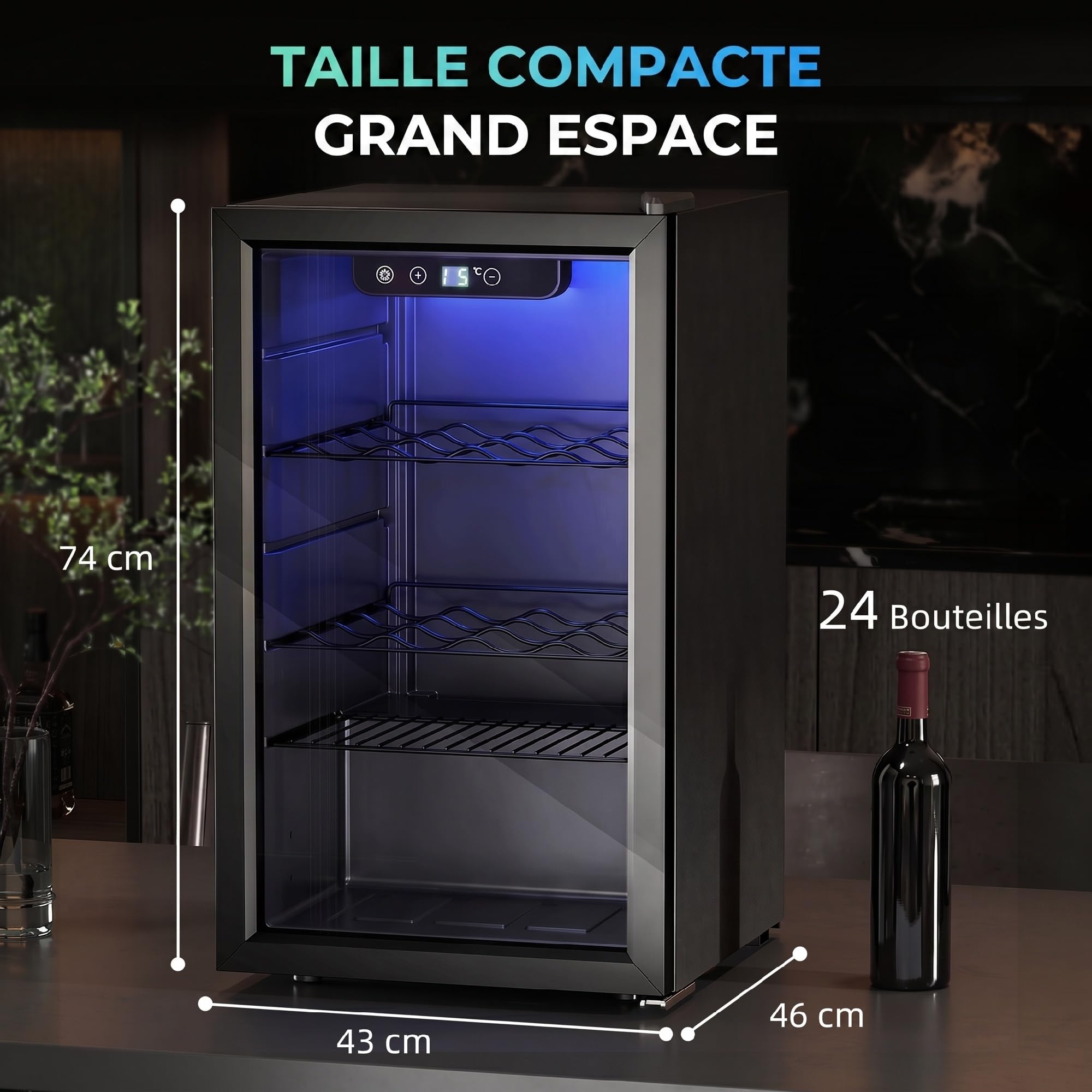 HOMCOM Cave à vin 24 bouteilles 68L, réfrigérateur à vin et boissons, température réglable 4-16°C, porte réversible verre trempé double, éclairage LED, écran tactile, noir
