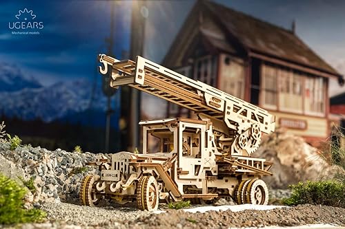 Miniatura 4 de Ugears Kit de modelo de camión de bomberos 3D de madera - Escalera retráctil giratoria accionada por palanca
