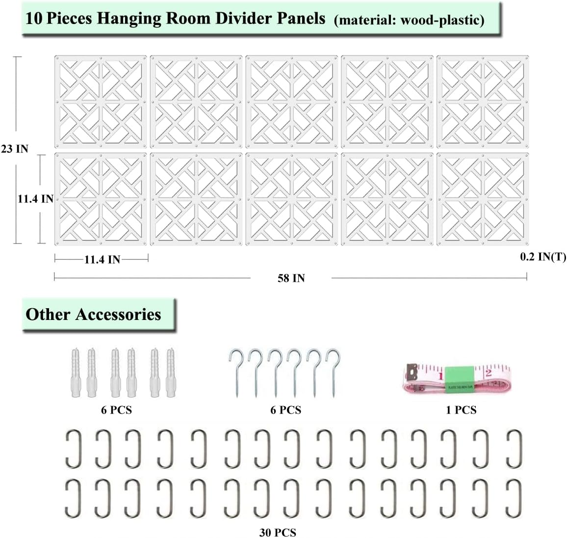 Hanging Room Divider Panels,10 Pieces Hanging Room Partition Wall Dividers Wood-Plastic Panel Screen DIY Room Office Home Decoration (White14)